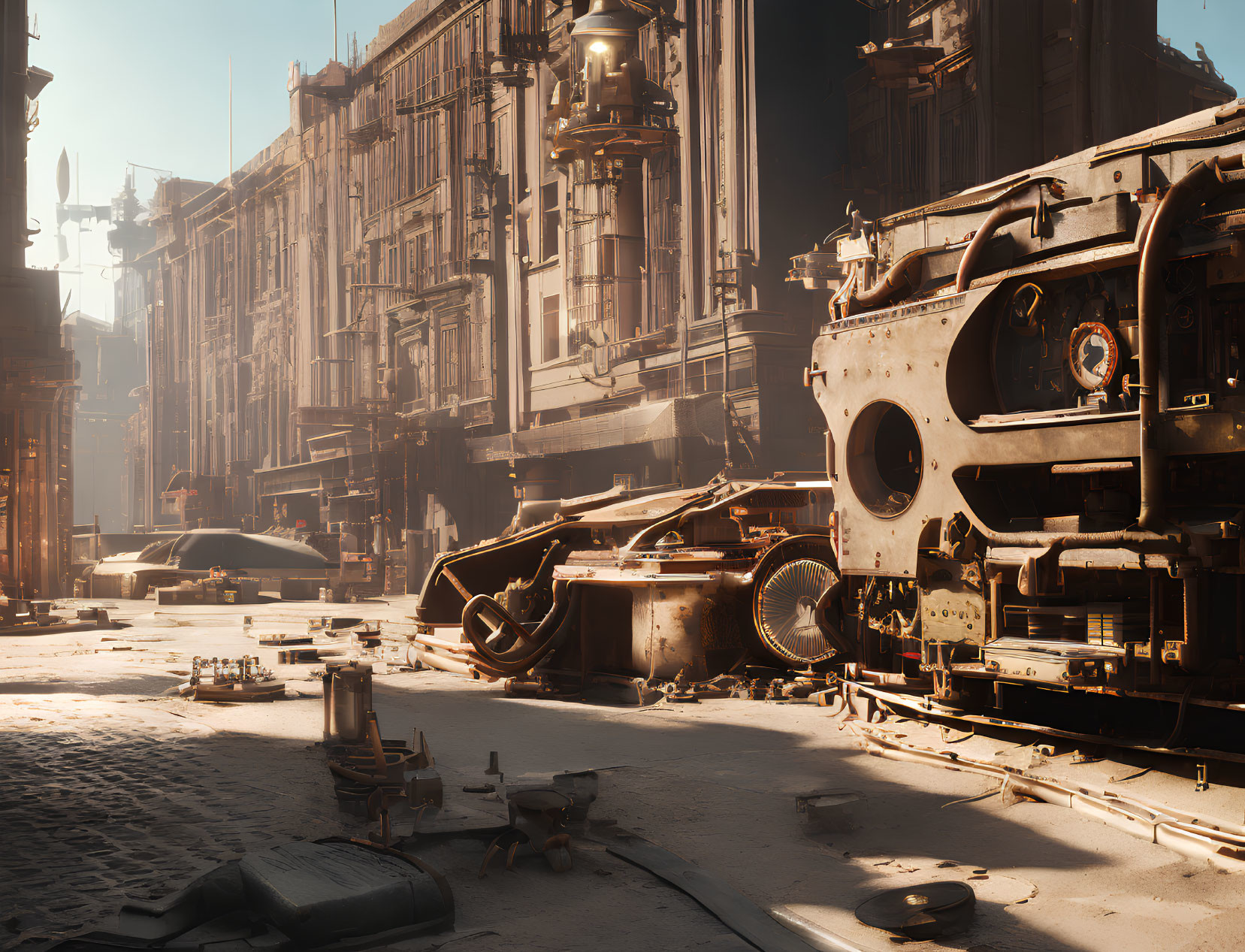 Deserted City Street with Futuristic Machinery in Post-Apocalyptic Setting