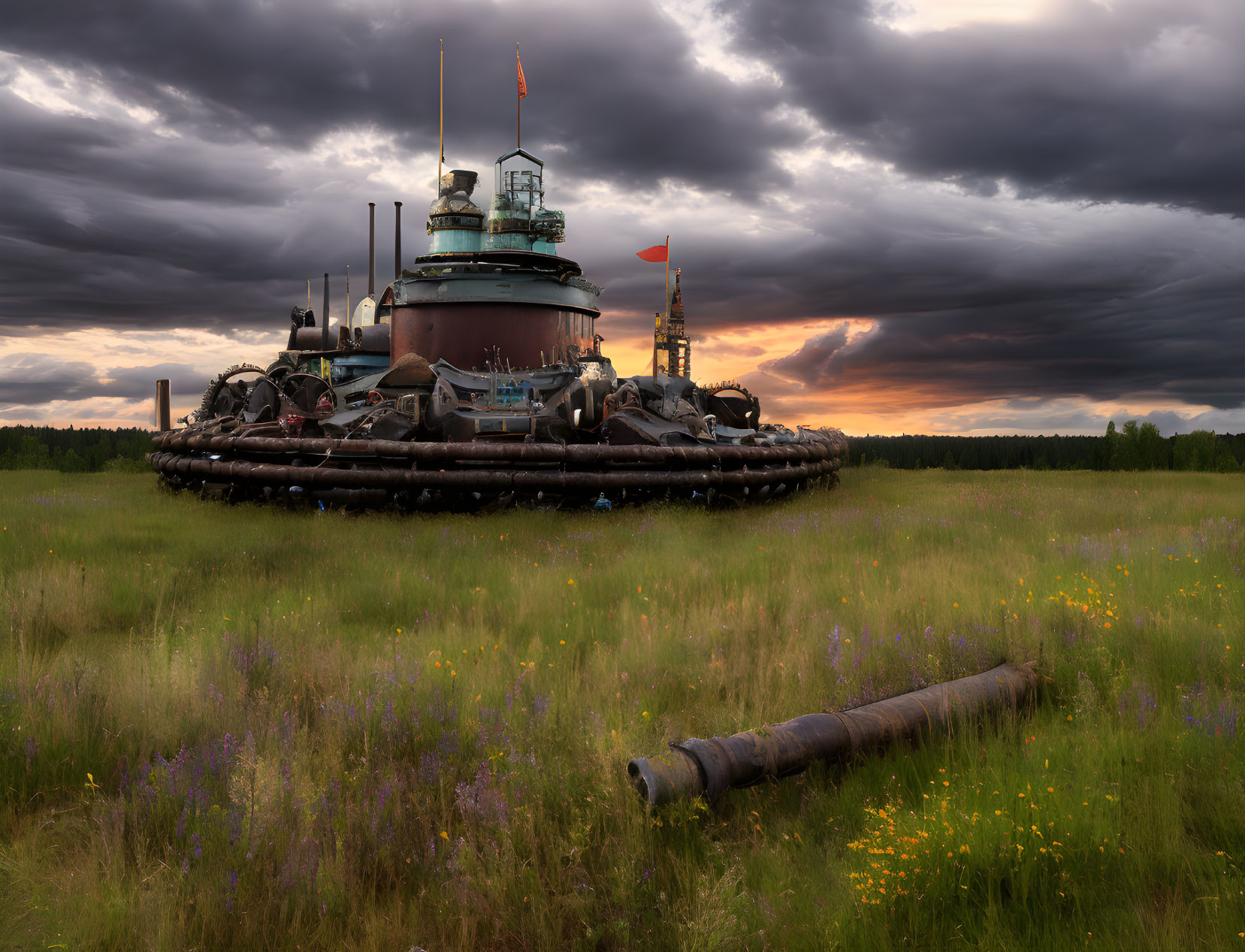 Decommissioned battleship in field with wildflowers and discarded cannon barrel