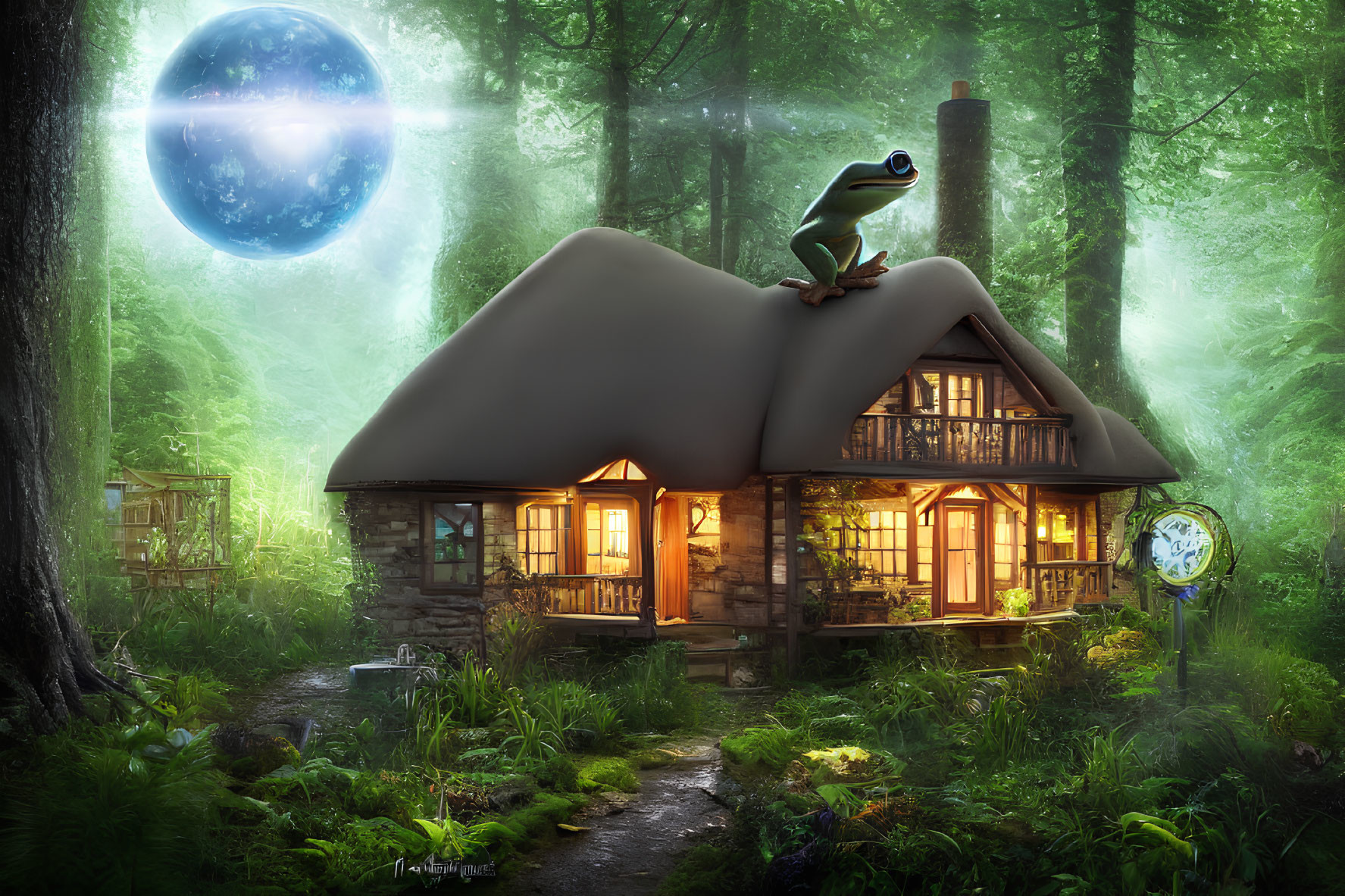 Illustration of cozy cottage in enchanted forest with frog and fantasy planet.