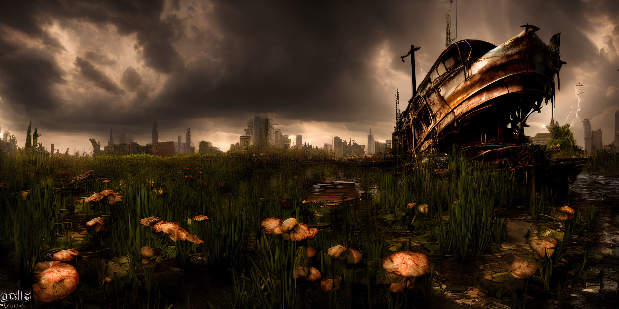 Dystopian landscape at dusk with rusted shipwreck and decaying structures