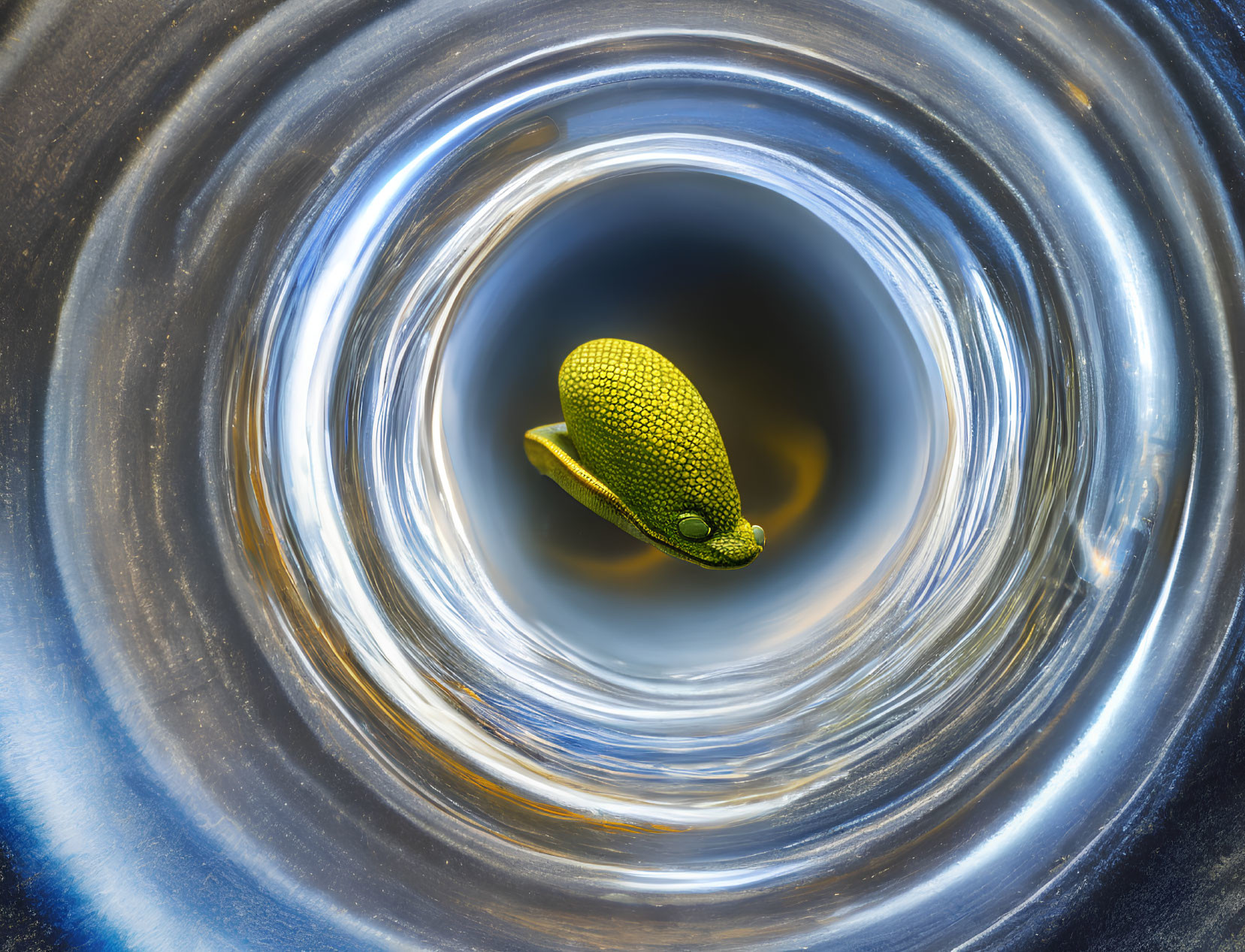 Green gecko inside circular metallic tube with blue swirling pattern.