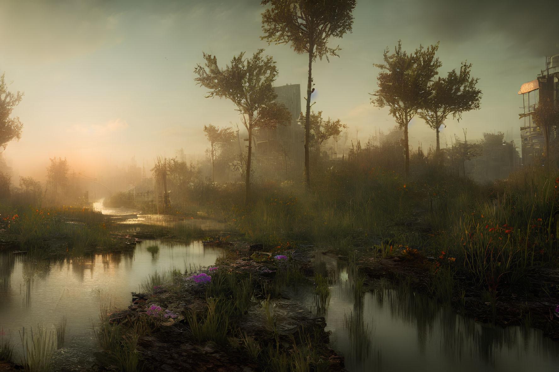 Tranquil sunrise over marshland with trees, wildflowers, water reflections, and foggy ruins