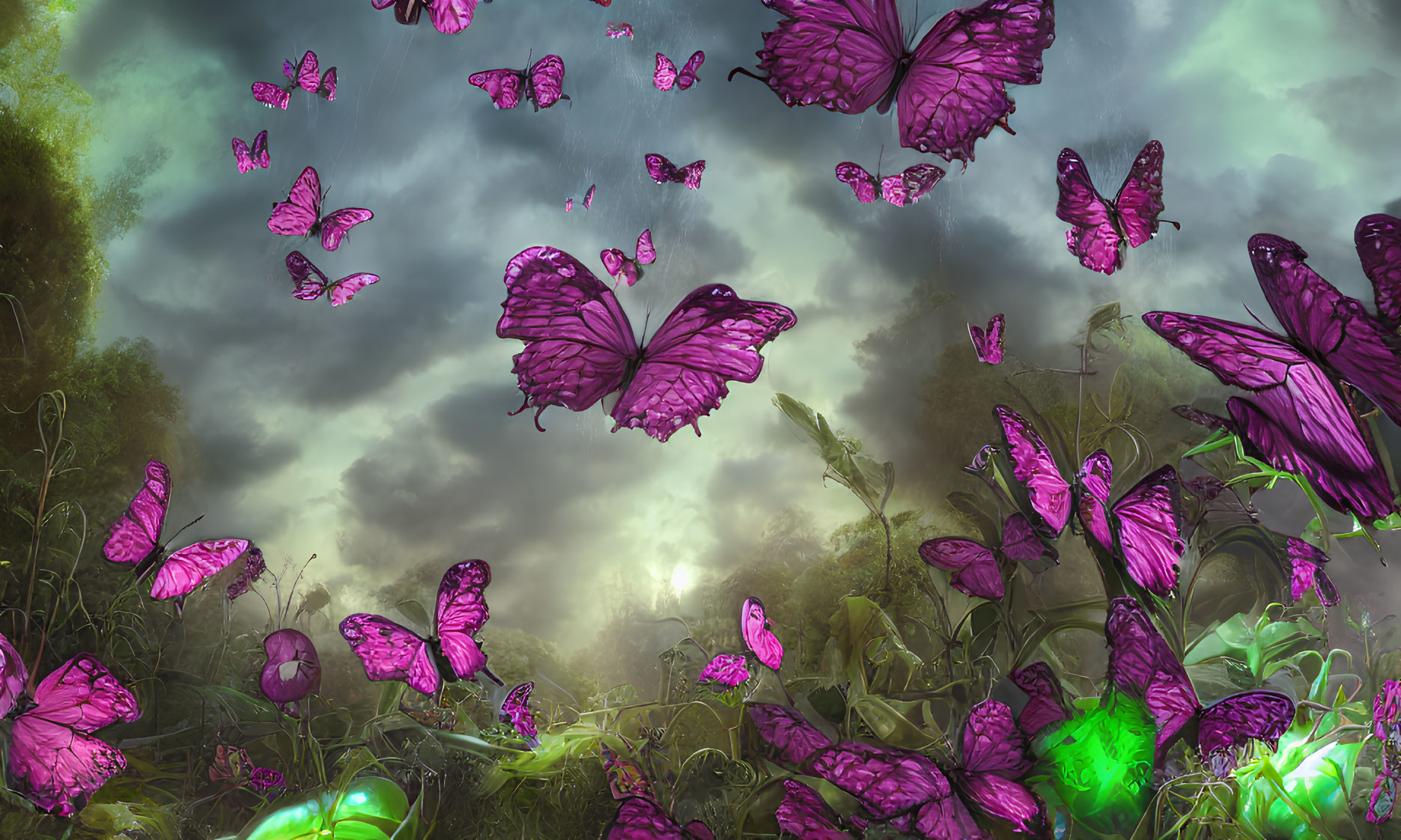 Vibrant purple butterflies in mystical forest with green glows