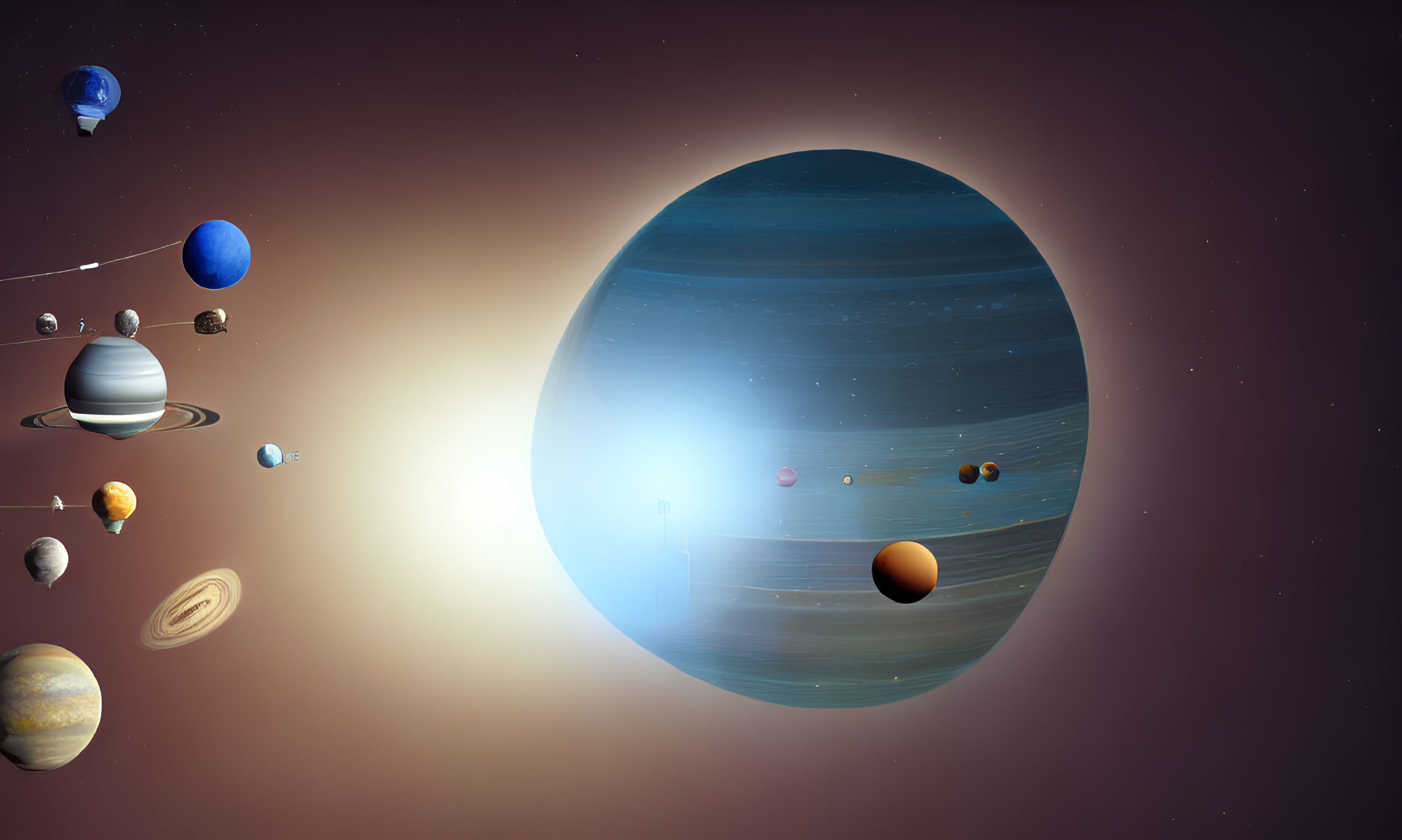 Solar system planets with Saturn's rings and Sun on starry backdrop