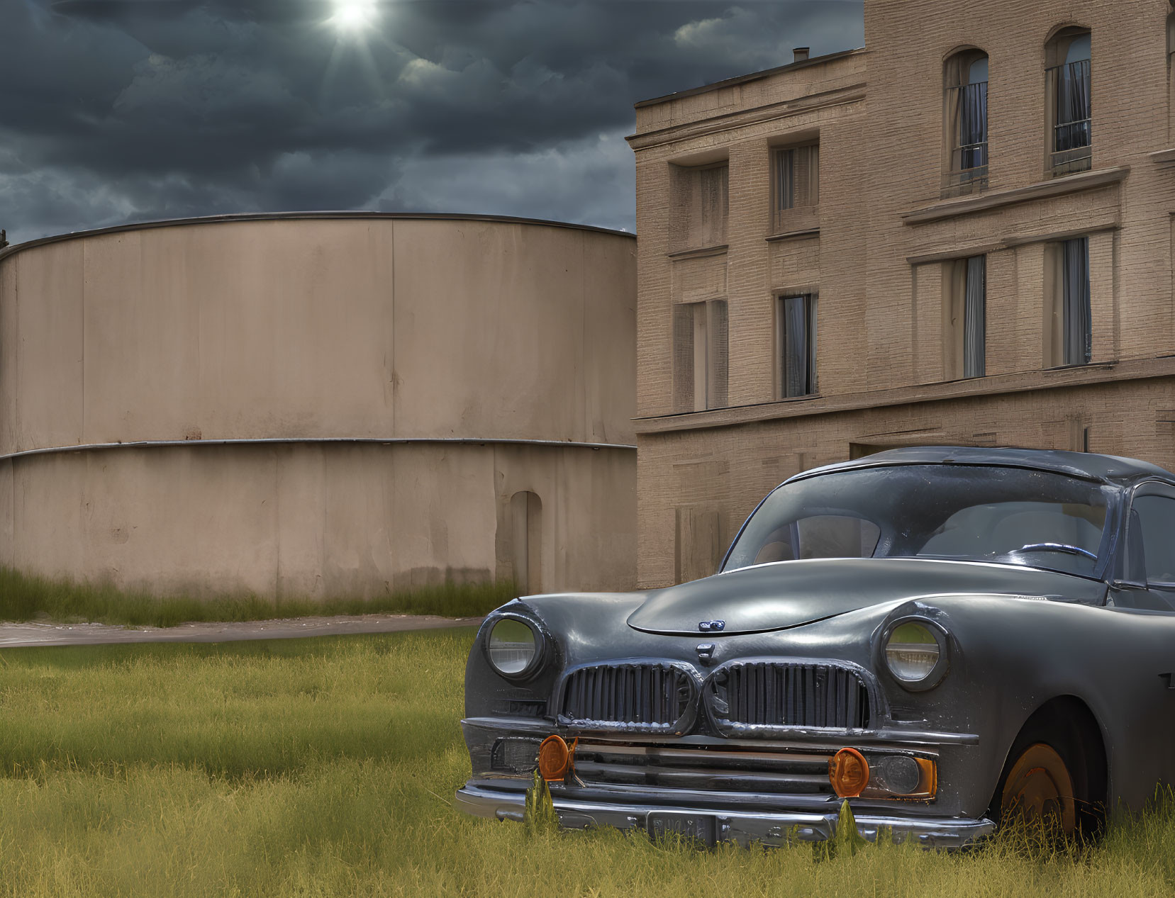 Abandoned grey car with orange reflectors near weathered buildings under stormy sky