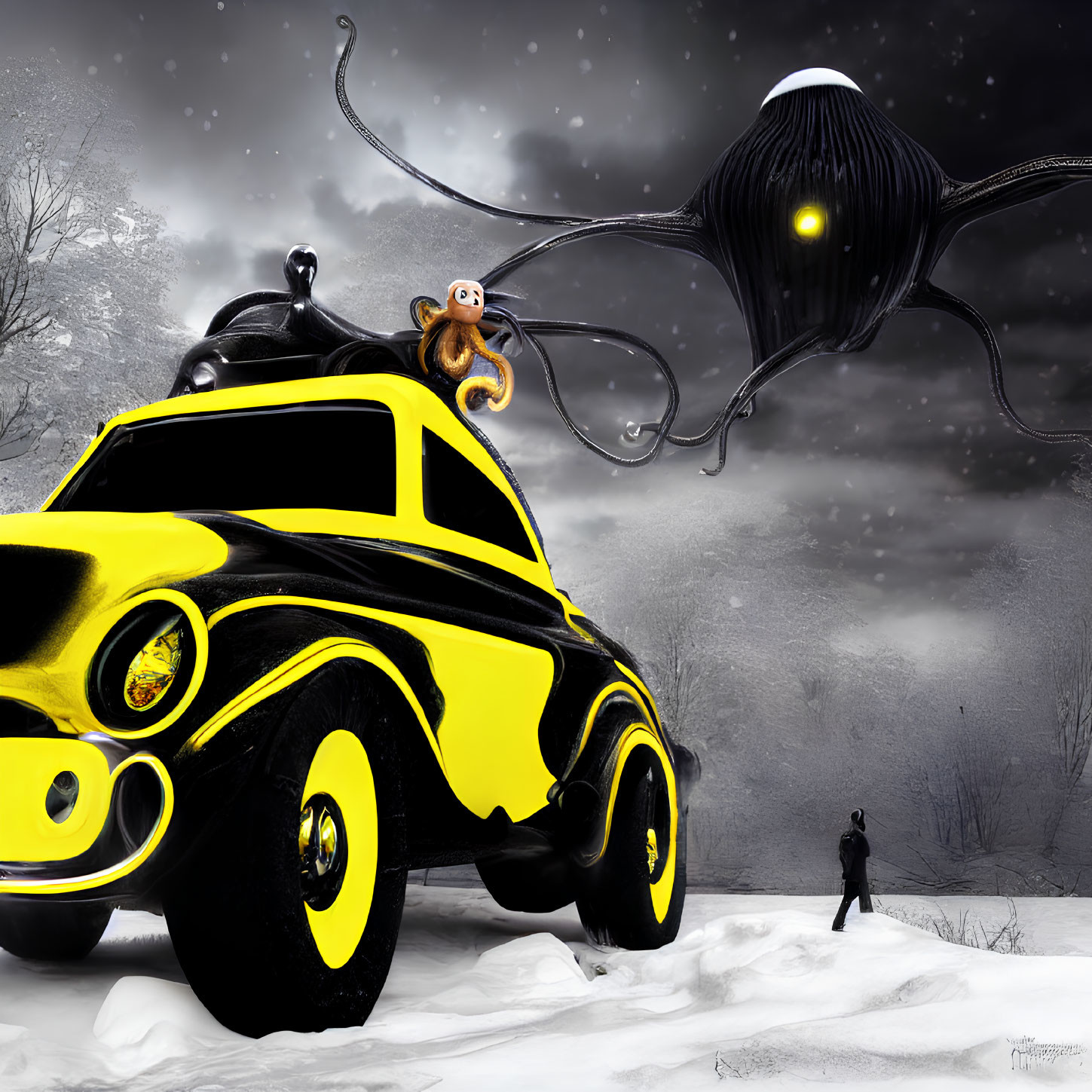 Surreal snowy landscape with person, car, monkey, and tentacled creature