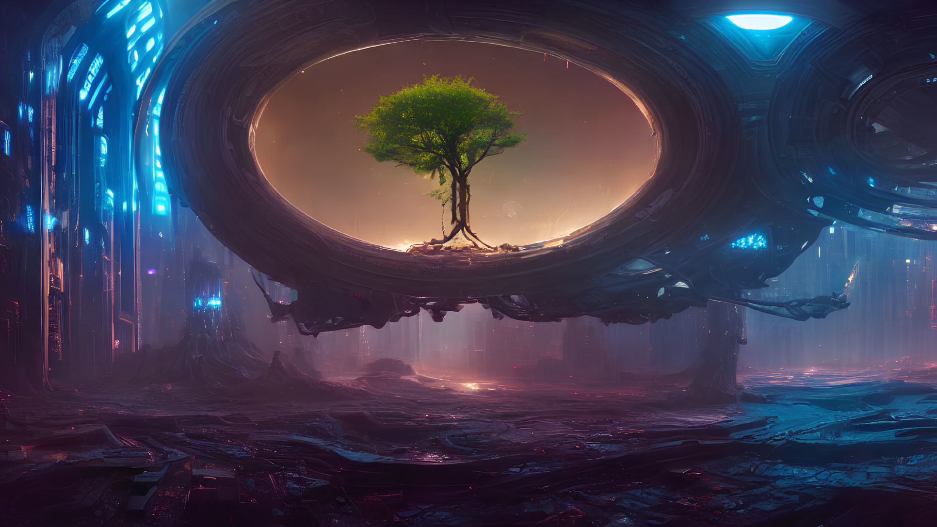 Futuristic circular structure with lone tree and atmospheric lighting