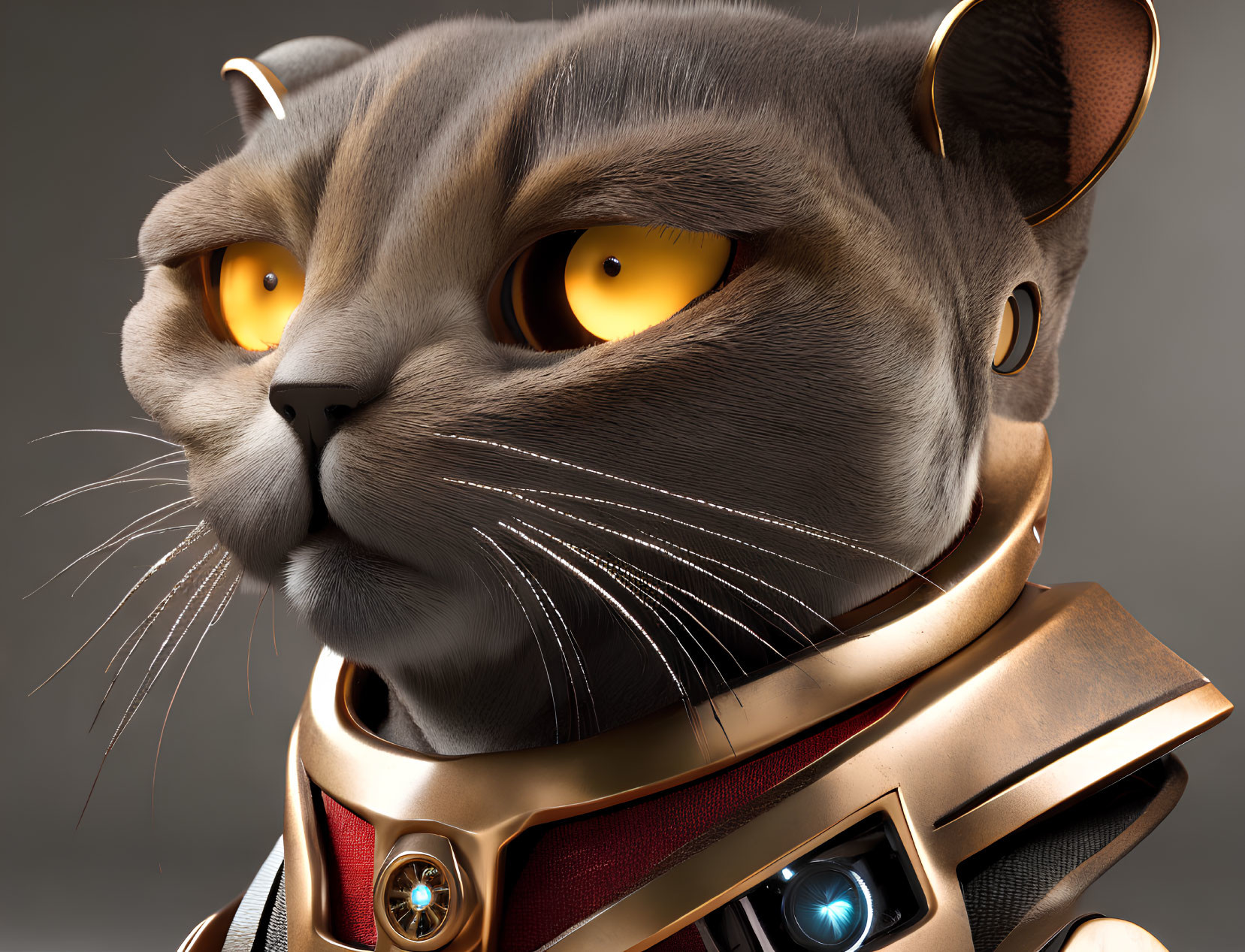 Detailed 3D rendering of anthropomorphized cat with orange eyes and sci-fi collar