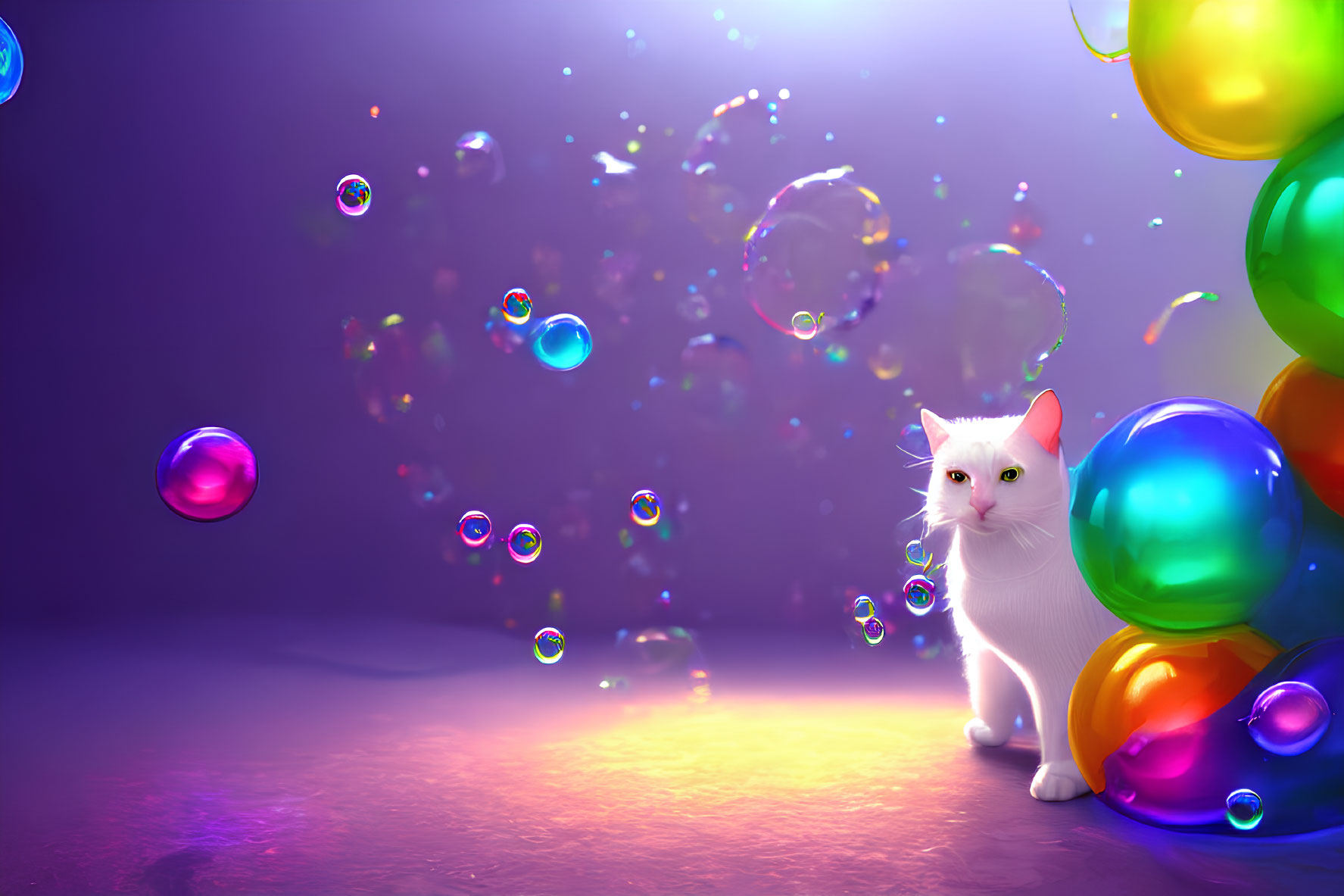 White Cat with Colorful Balloons and Soap Bubbles in Purple Space