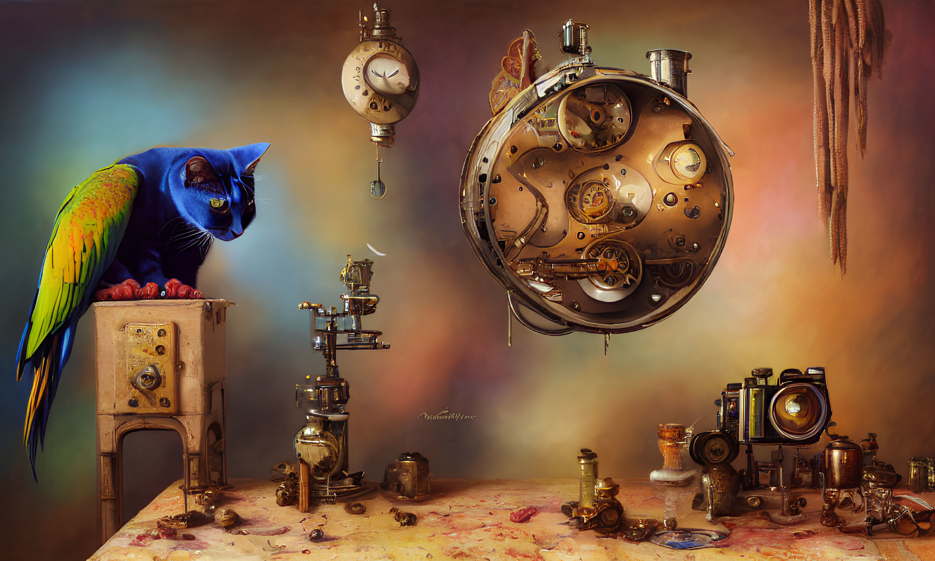 Colorful Parrot with Steampunk Contraptions on Warm Background