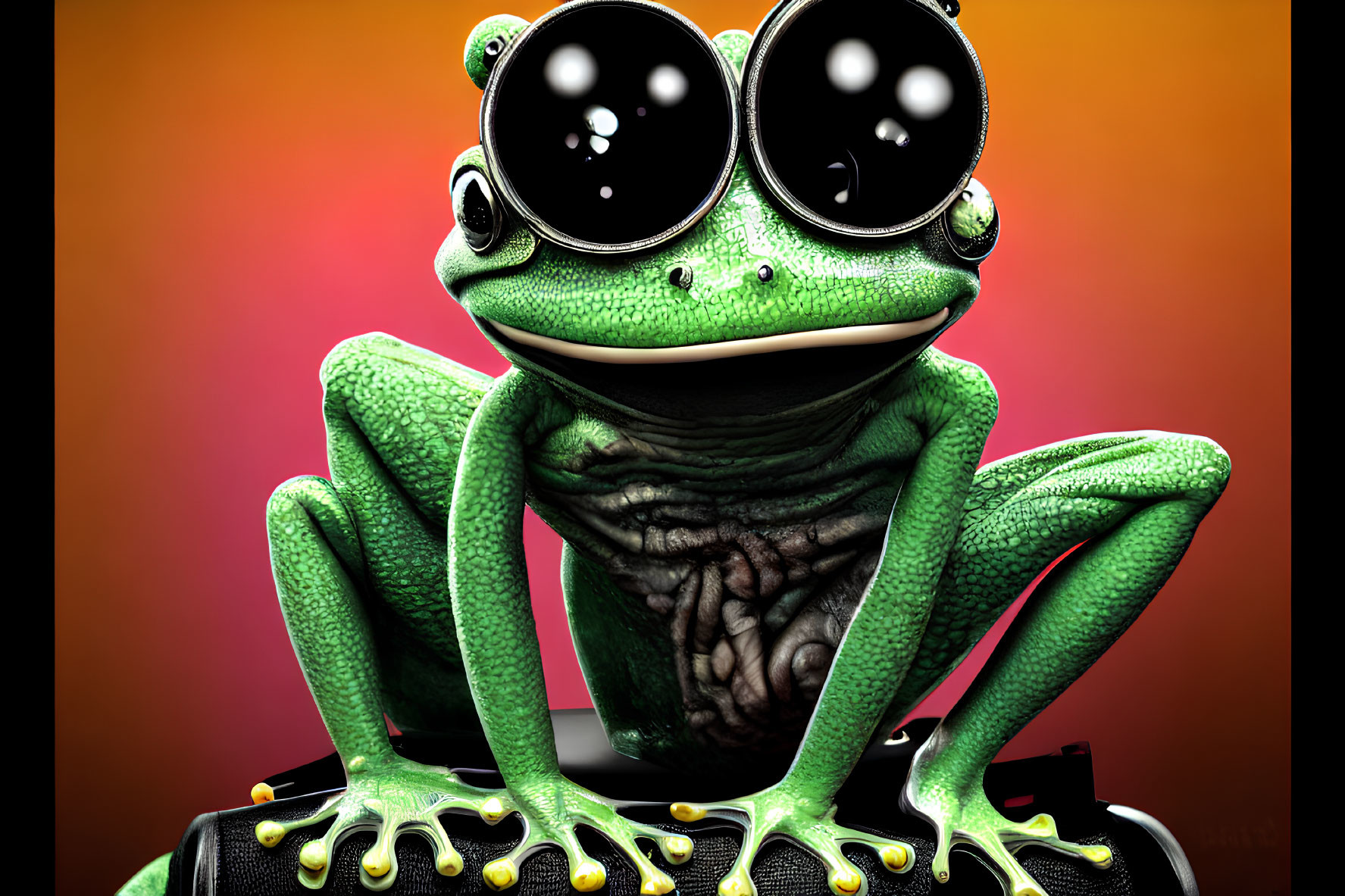 Stylized green frog with shiny black eyes on gradient background