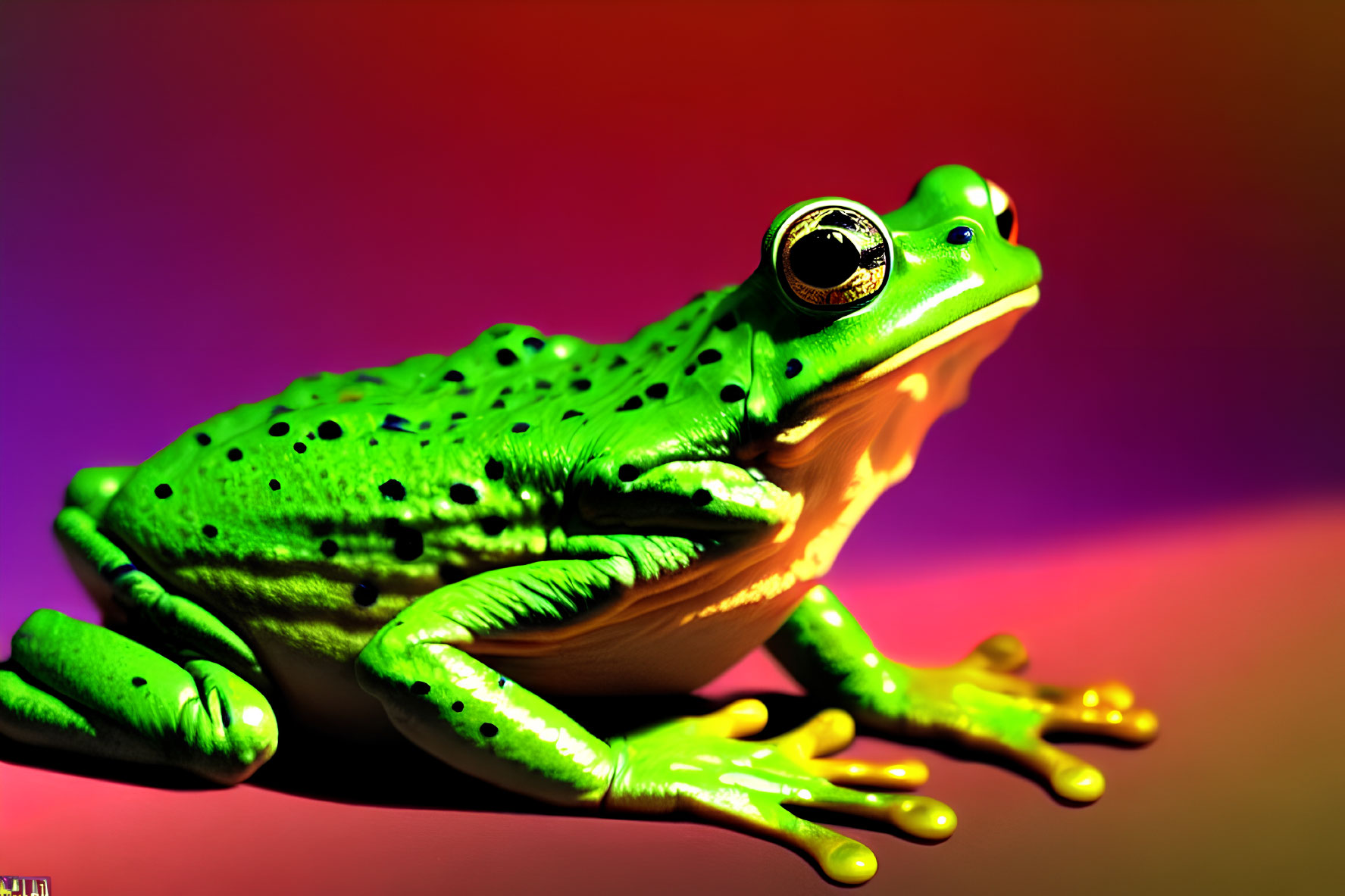 Colorful Green Frog on Purple-Red Gradient Background