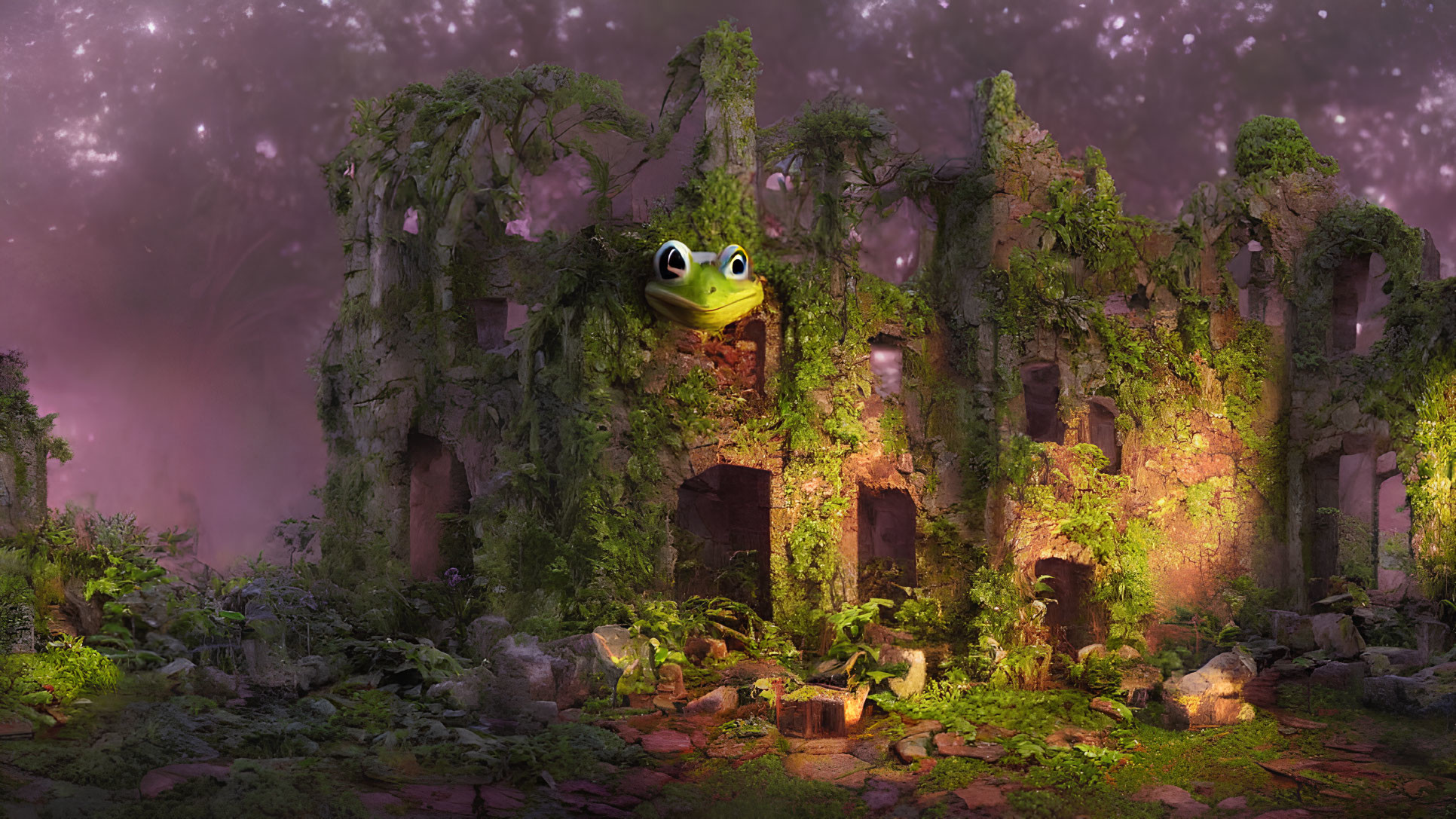 Whimsical frog in ancient ruins under starlit sky