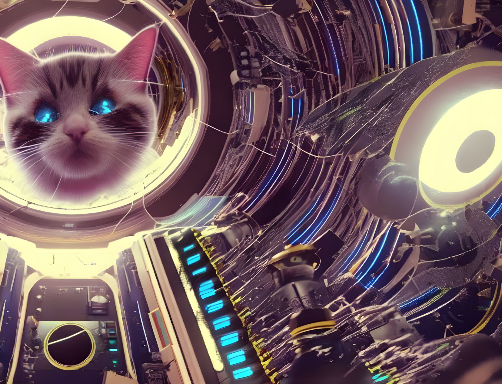 Giant floating cat's head above futuristic control panel with glowing elements