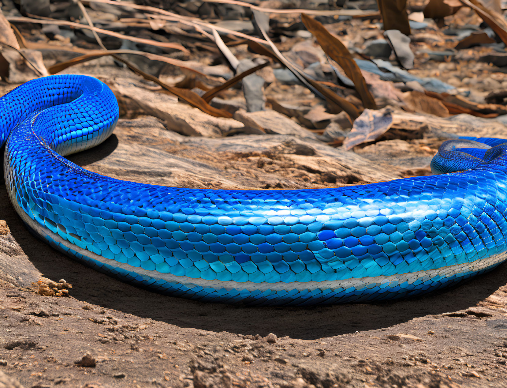 Vibrant Blue Snake Coiled on Rocky Ground with Dry Leaves