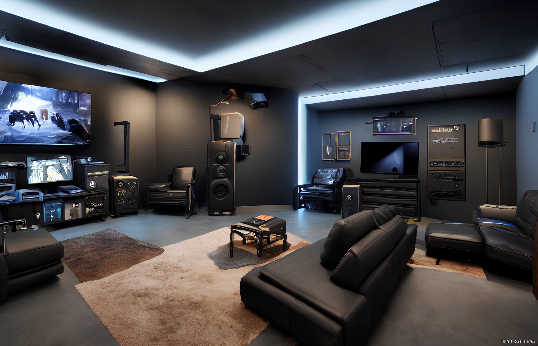 Dark Walls, Leather Seating, Large Screen: Modern Home Theater Setup