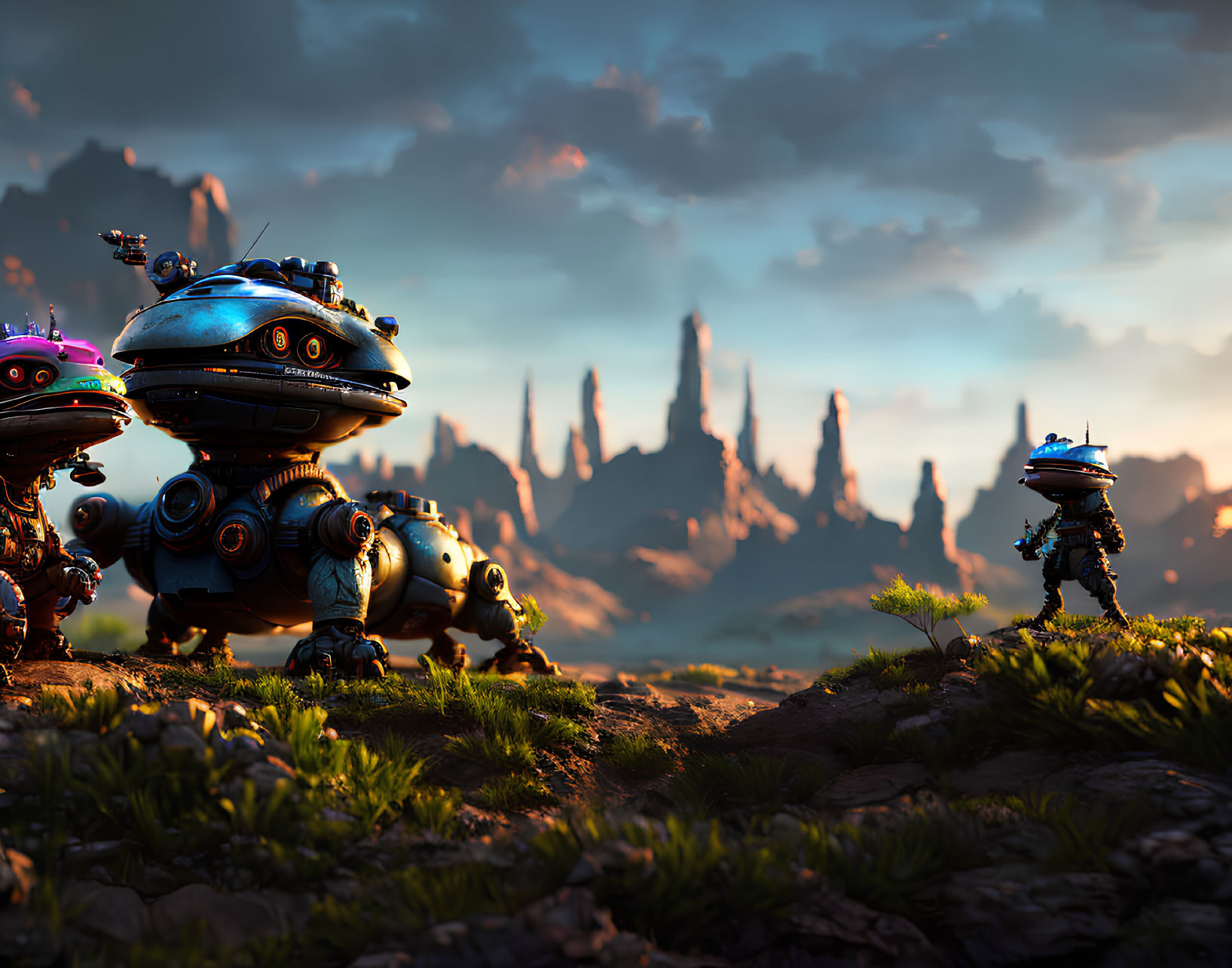 Colorful robots exploring rocky terrain with mountains at sunset