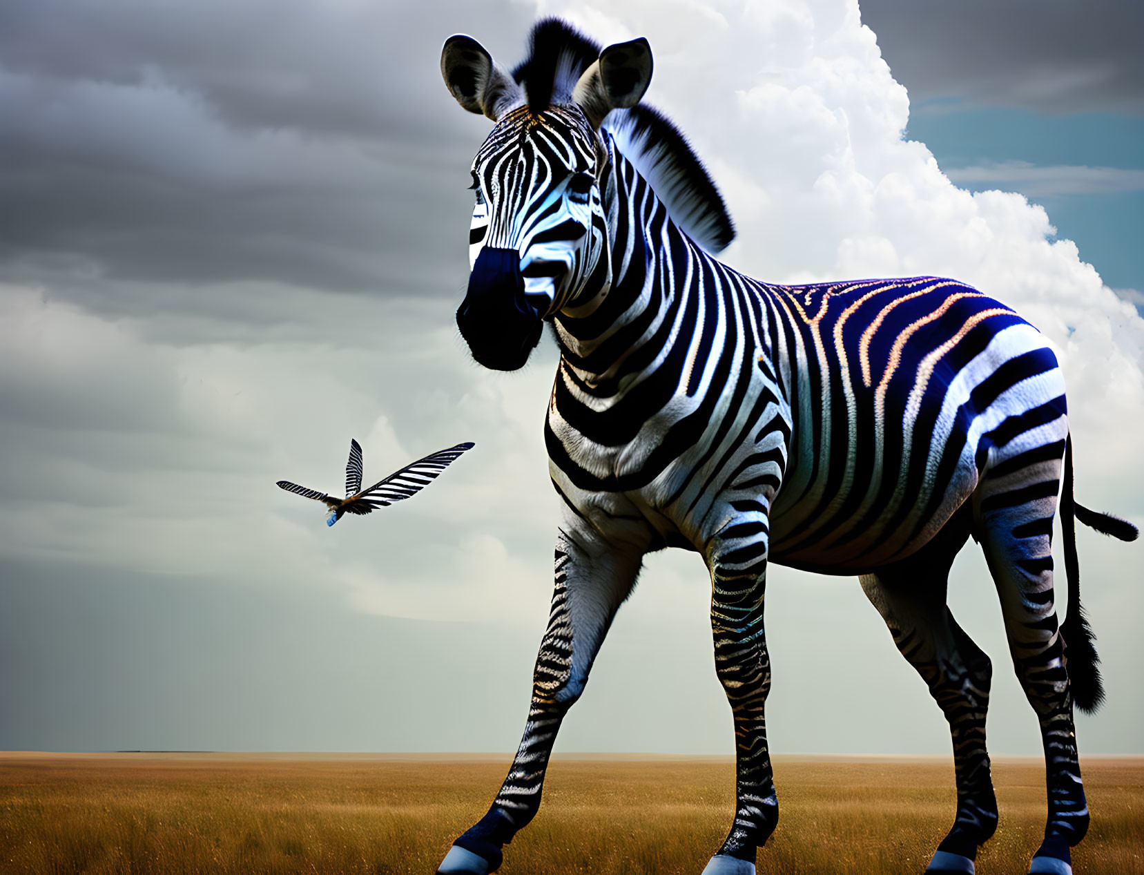 Zebra standing on grassy plain under dramatic sky with bird in flight