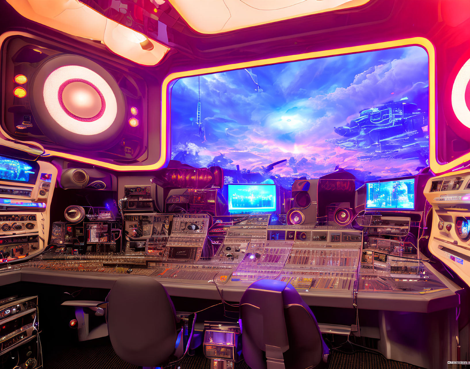 Advanced Music Studio with Sci-Fi Sky View