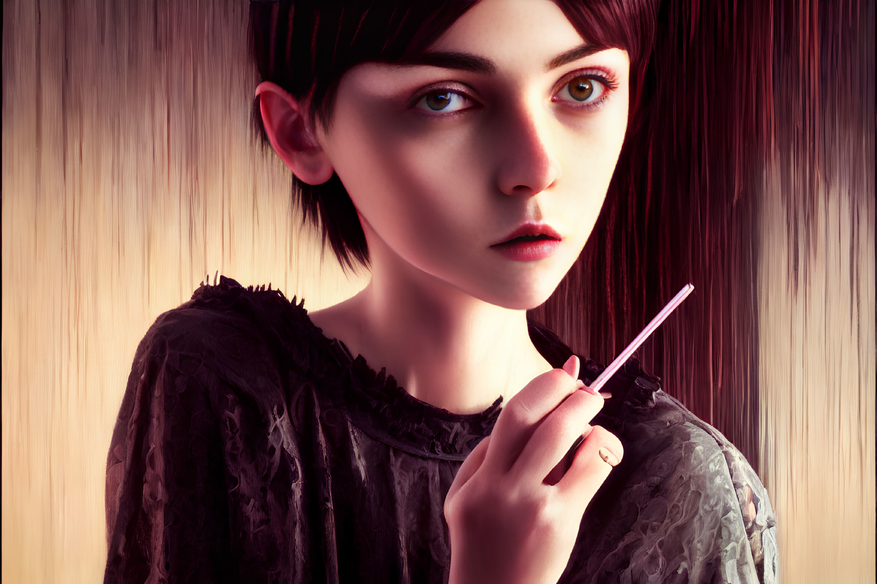 Digital artwork of young person with short dark hair and striking eyes holding a cigarette on streaked brown backdrop