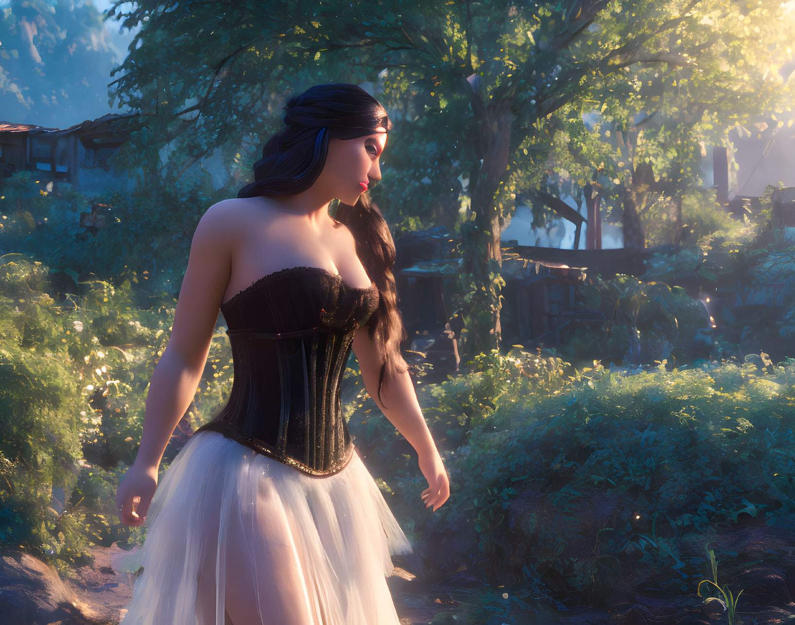 3D-rendered image of woman in black corset and white skirt in forest clearing with village backdrop