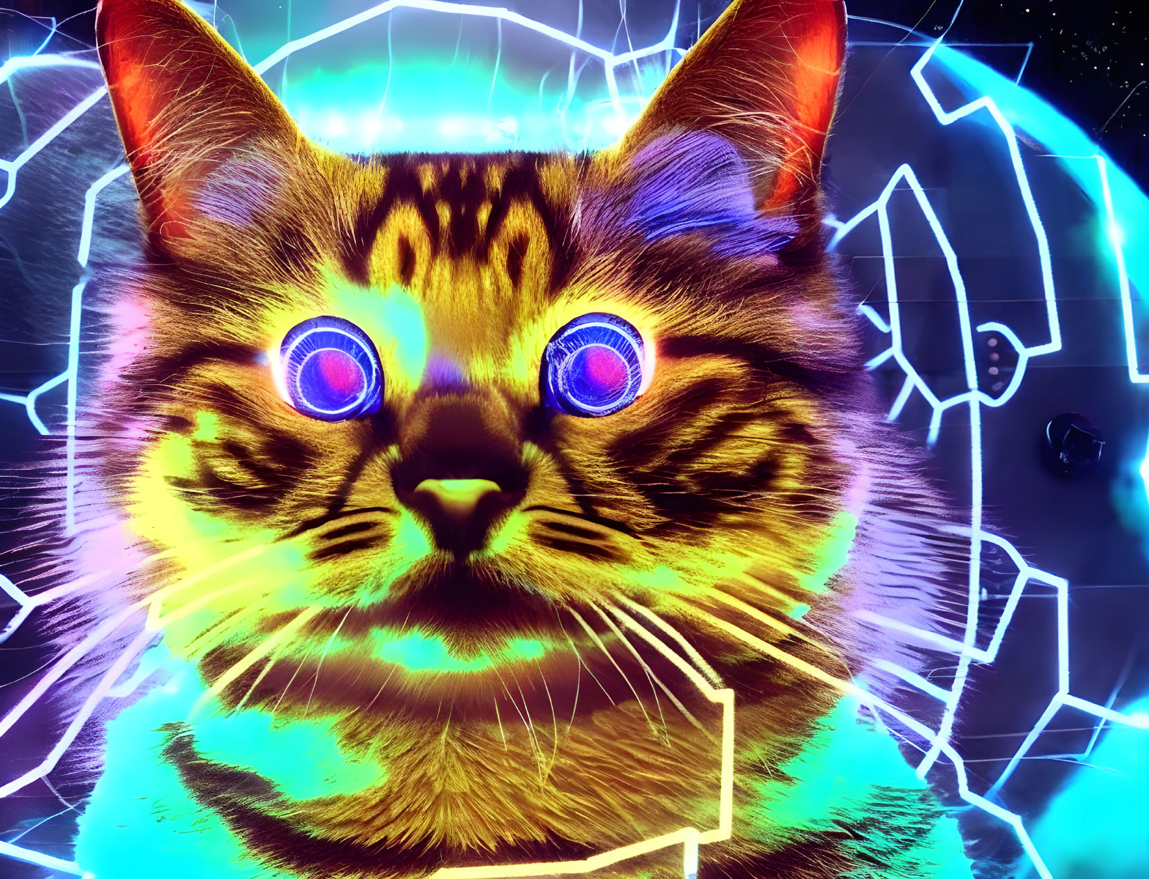 Colorful Cat Artwork with Glowing Blue Eyes and Neon Geometric Shapes