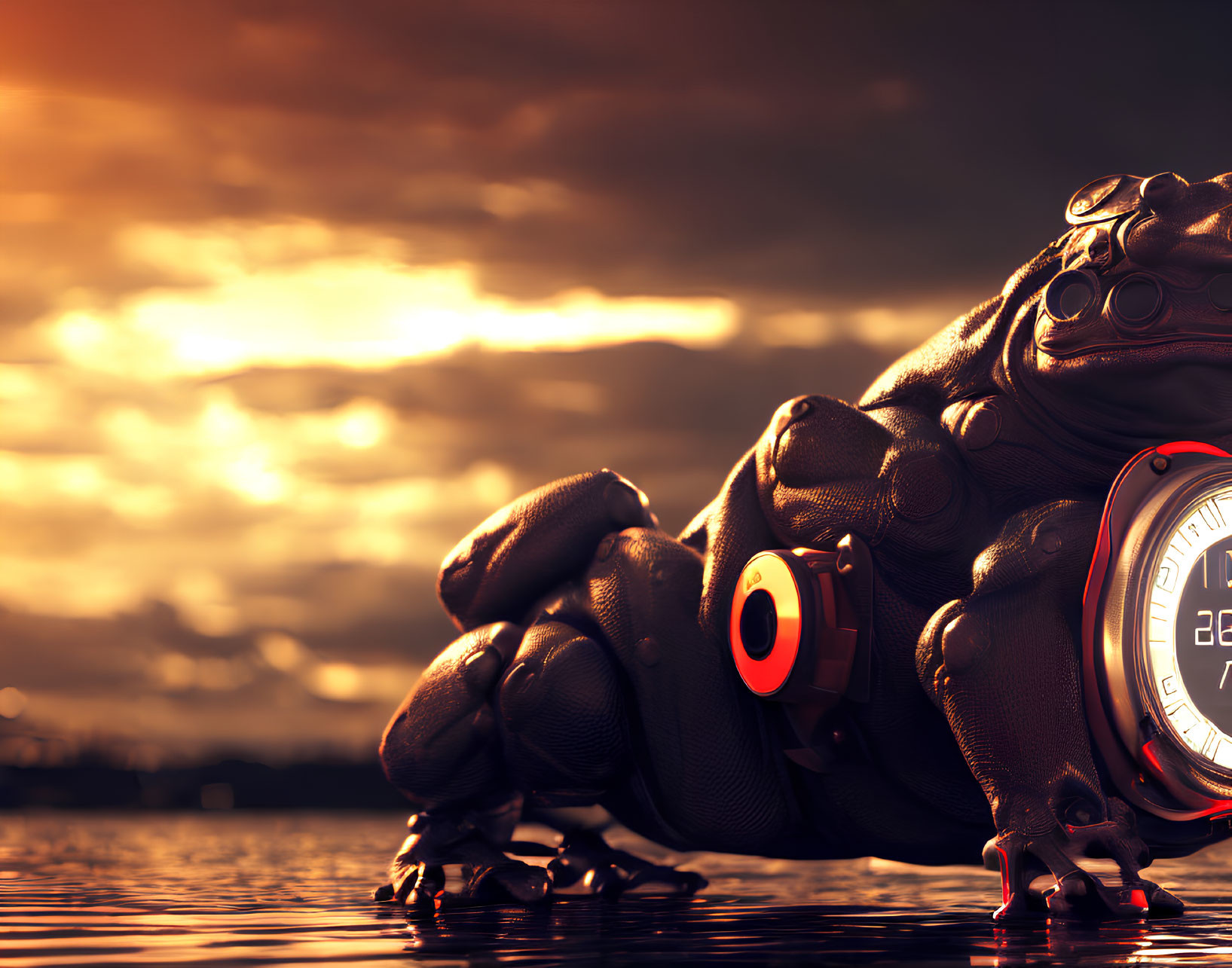 Muscular Frog with Headphones and Stopwatch at Sunset Reflection.