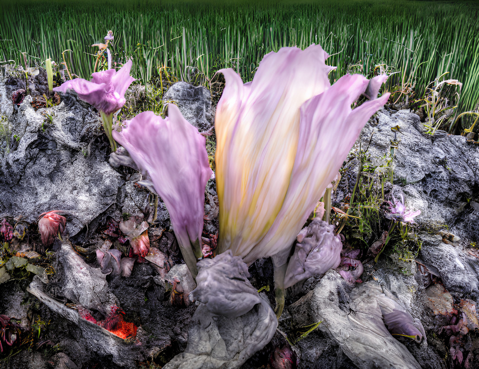 Pink flowers bloom among gray rocks with vibrant green grassy field.