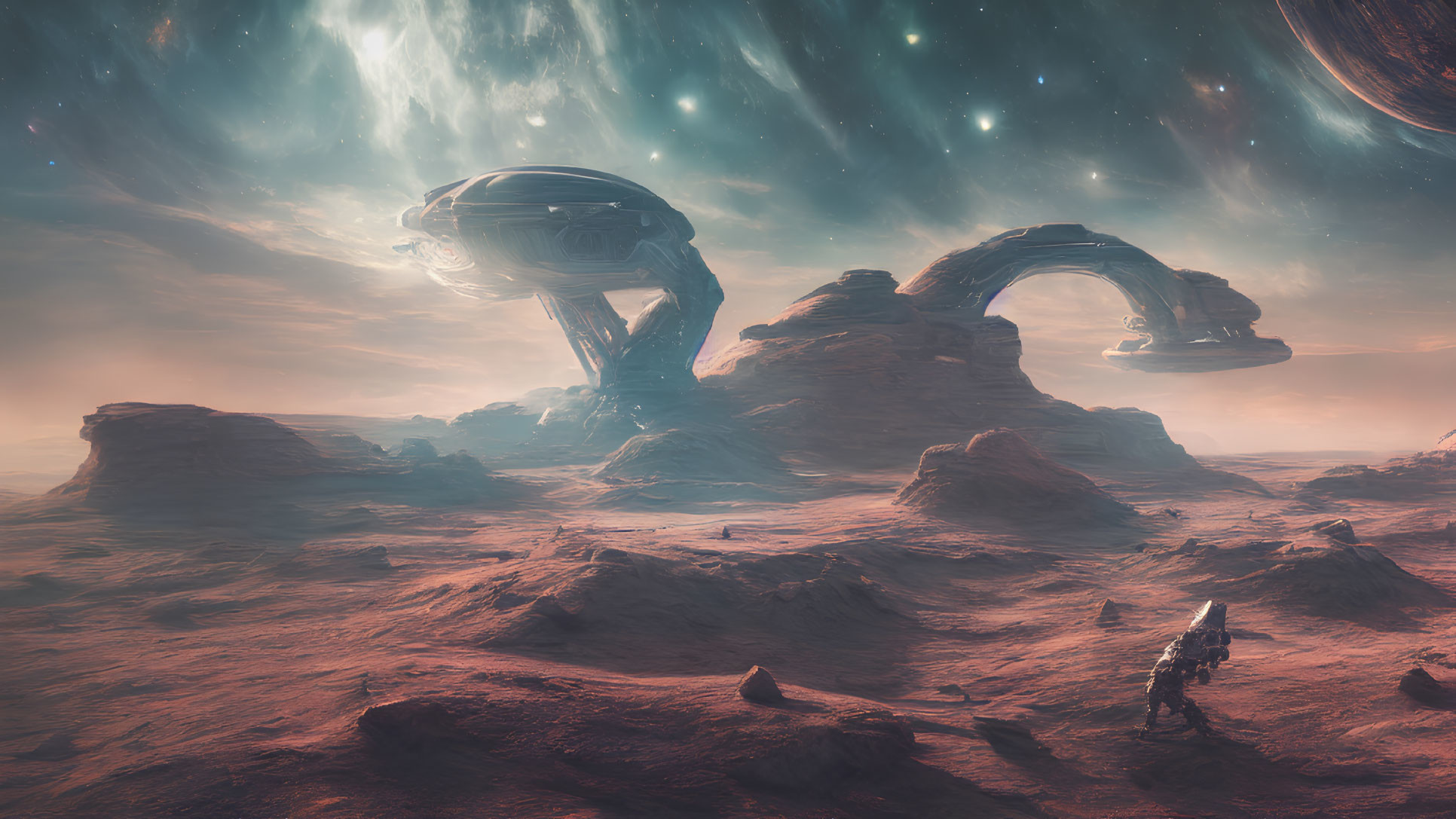 Astronaut explores alien planet with towering rocks and futuristic structures