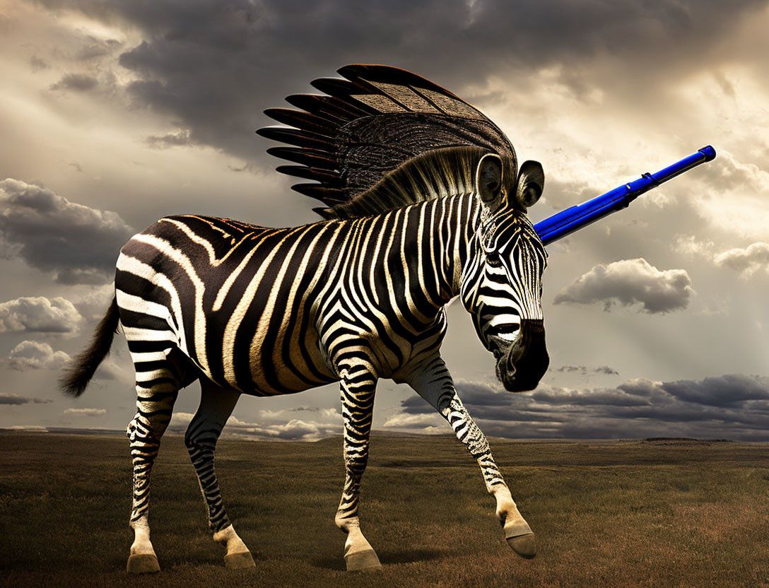 Digitally altered image: Zebra with wings and lightsaber horn in dramatic sky