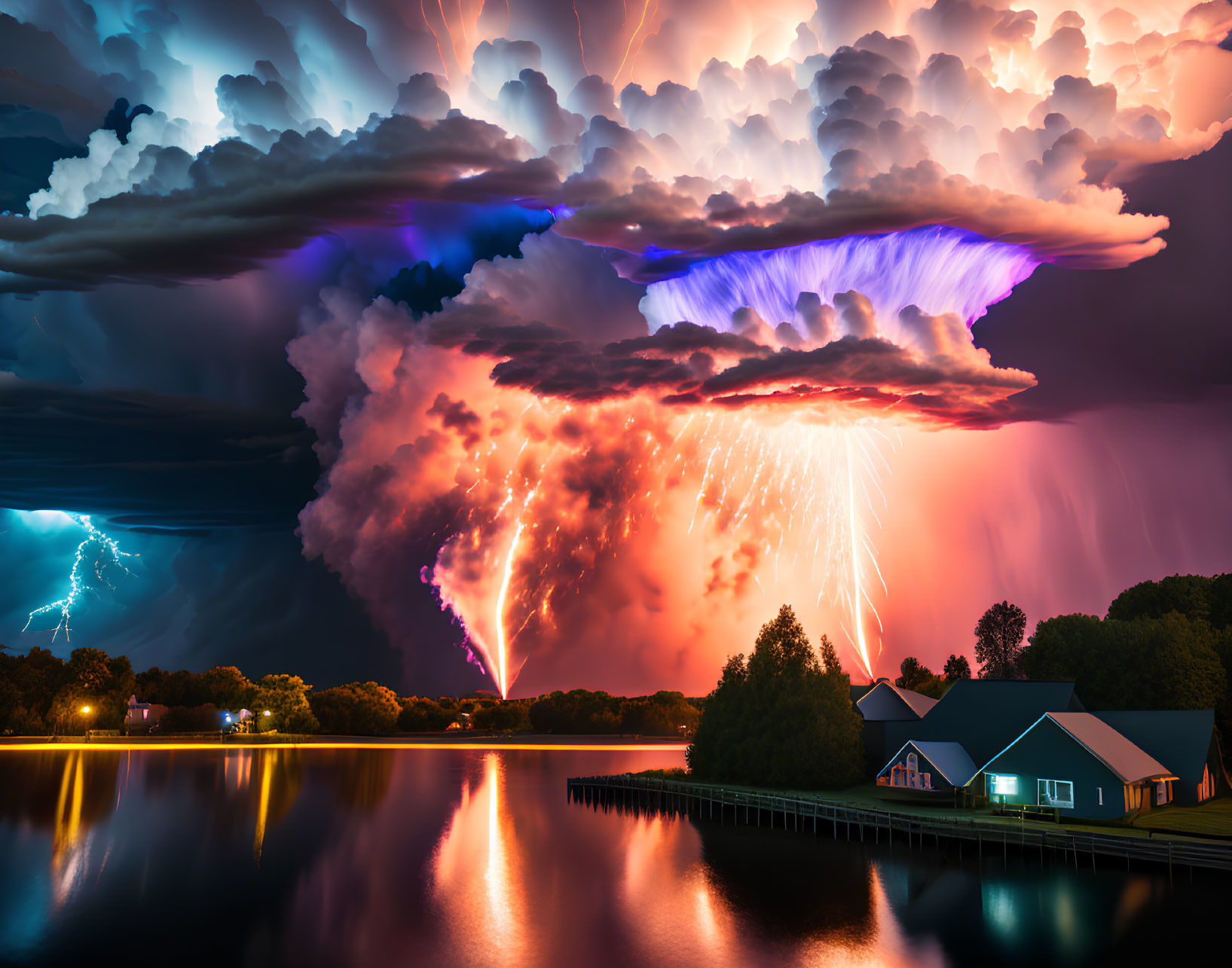 Vivid lightning in dramatic storm over lake with colorful clouds & lakeside house