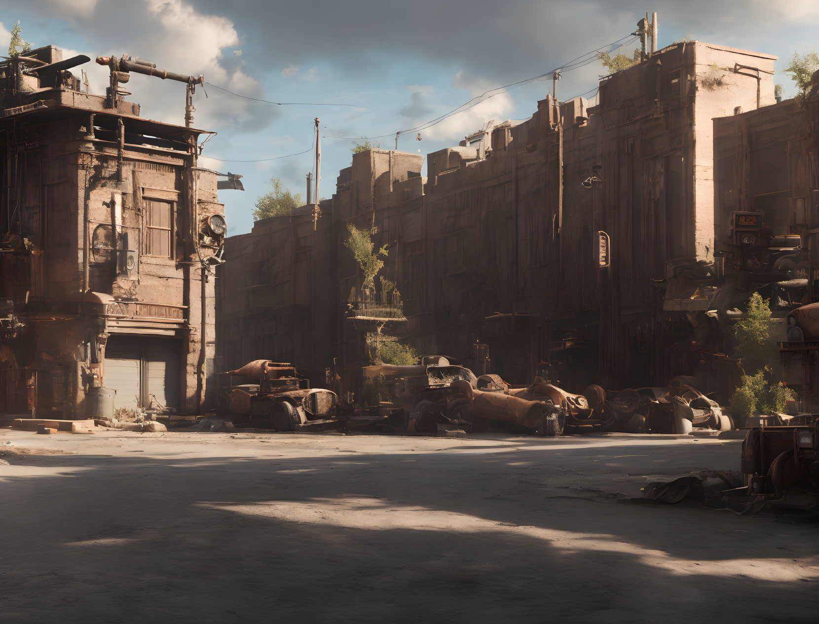 Desolate urban street with dilapidated buildings and rusting cars