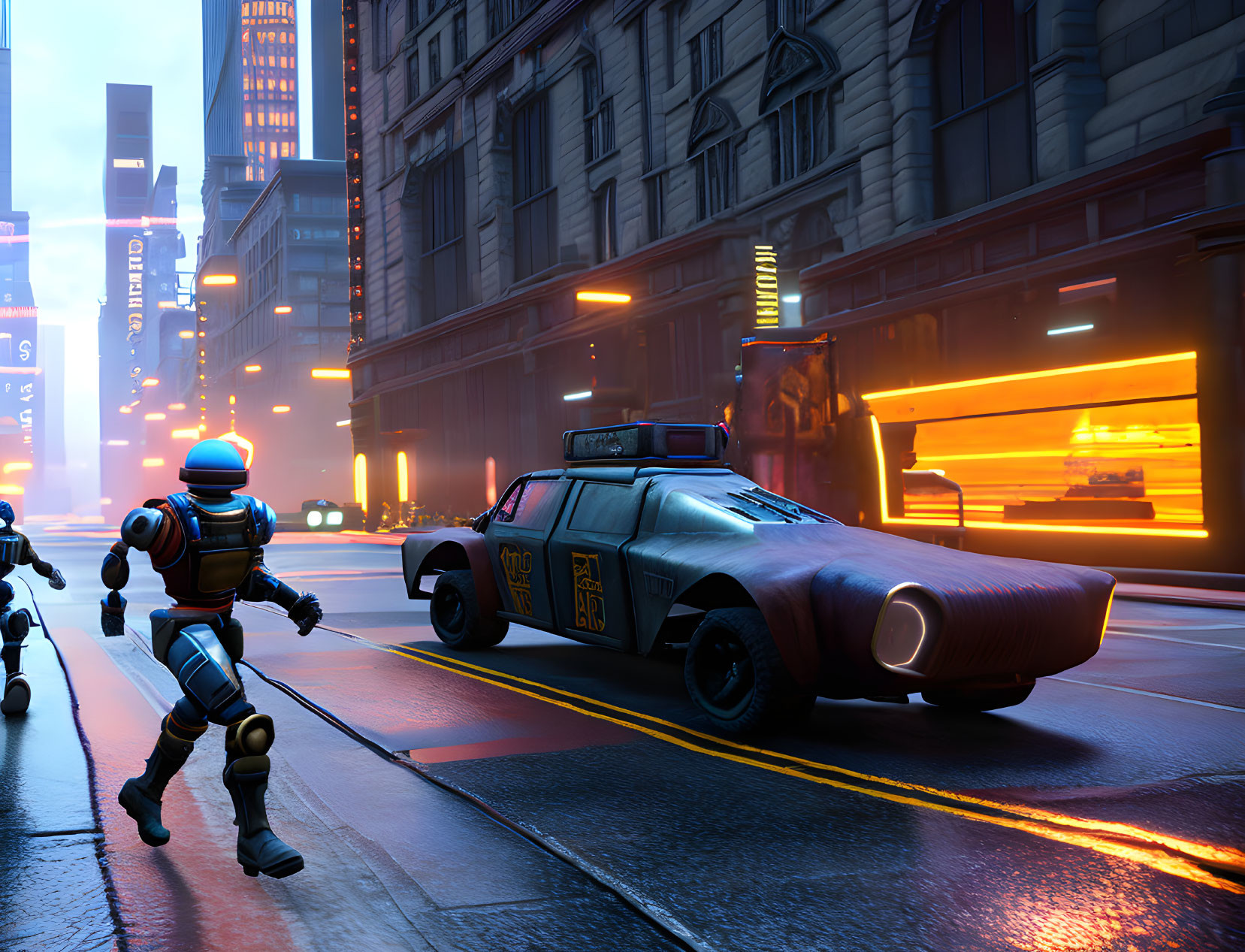 Futuristic police robot and patrol car on neon-lit city street at dusk