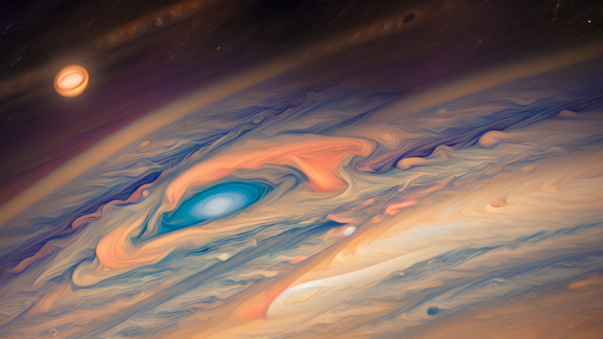 Colorful depiction of Jupiter's swirling gas clouds and storms under a sun-like star