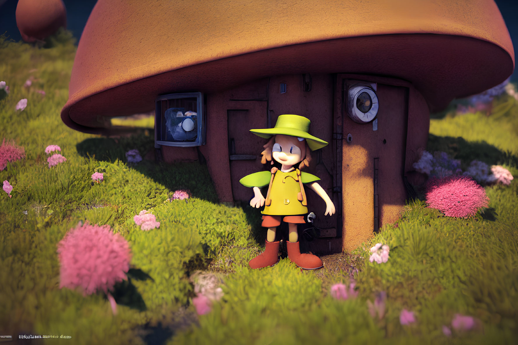 Yellow raincoat and hat character at cozy mushroom house