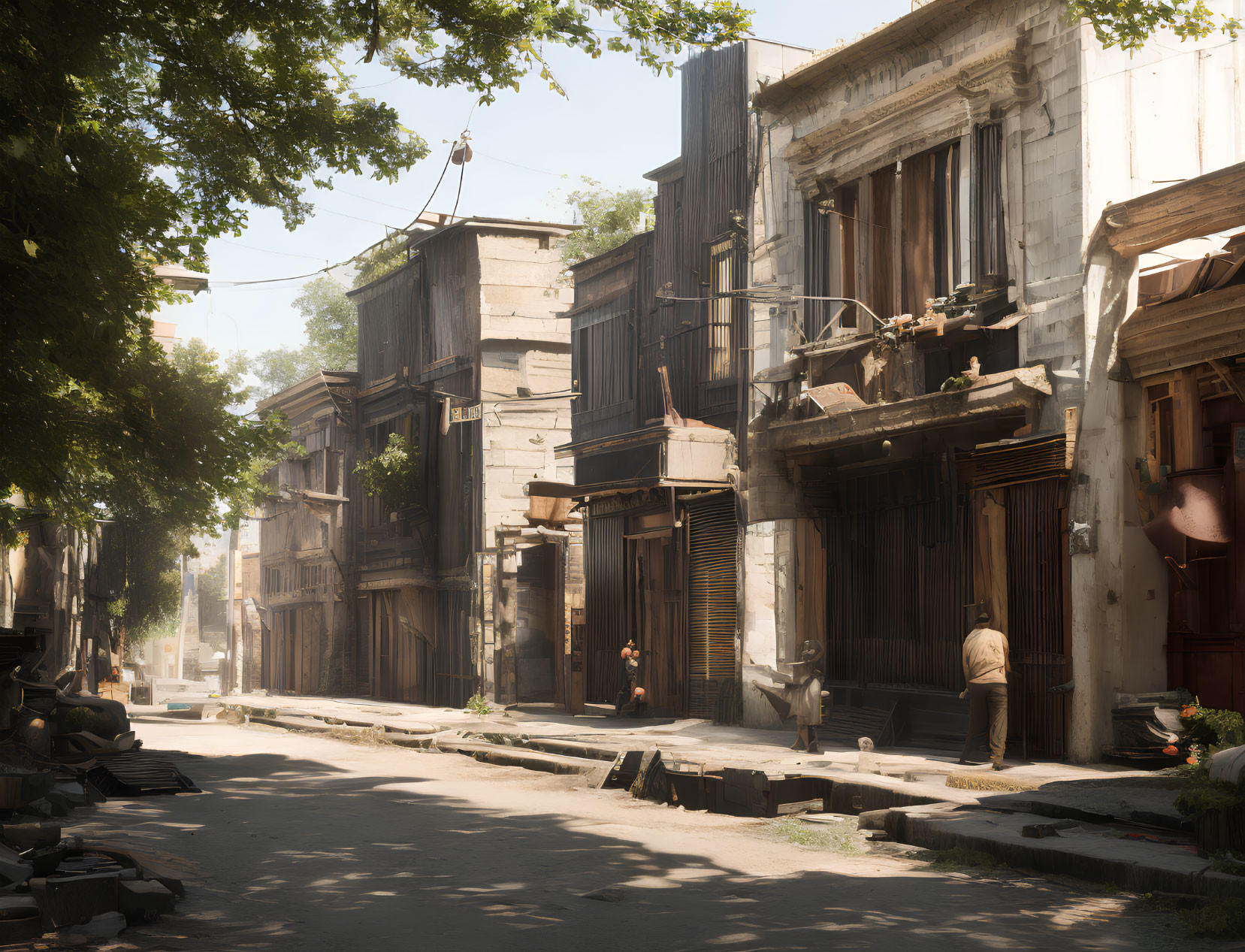 Old wooden buildings on a quaint street with people under hazy sunlight