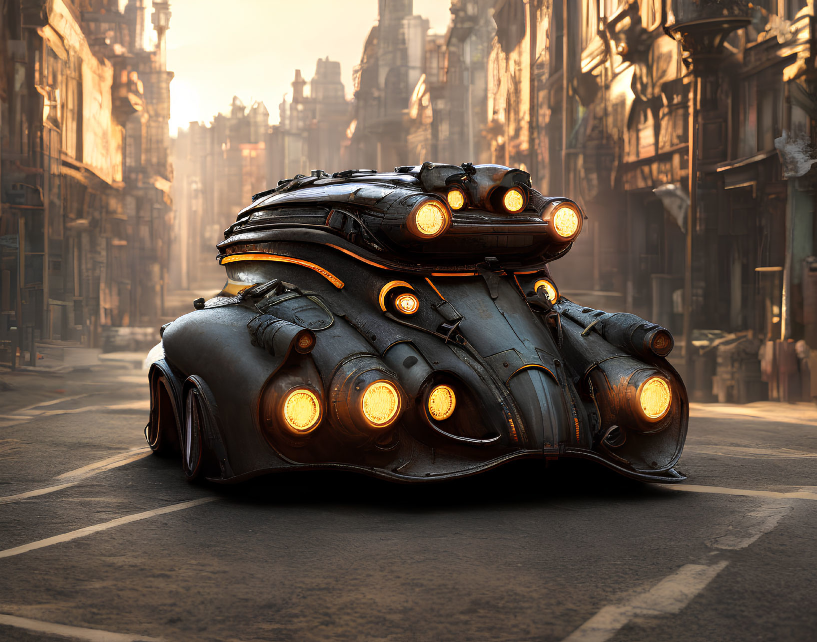 Futuristic black car with glowing headlights on deserted street among old ornate buildings