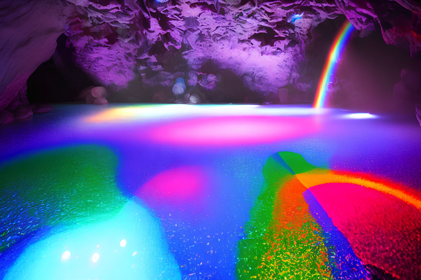 Vibrant rainbow reflected on glossy cave floor with eerie lighting