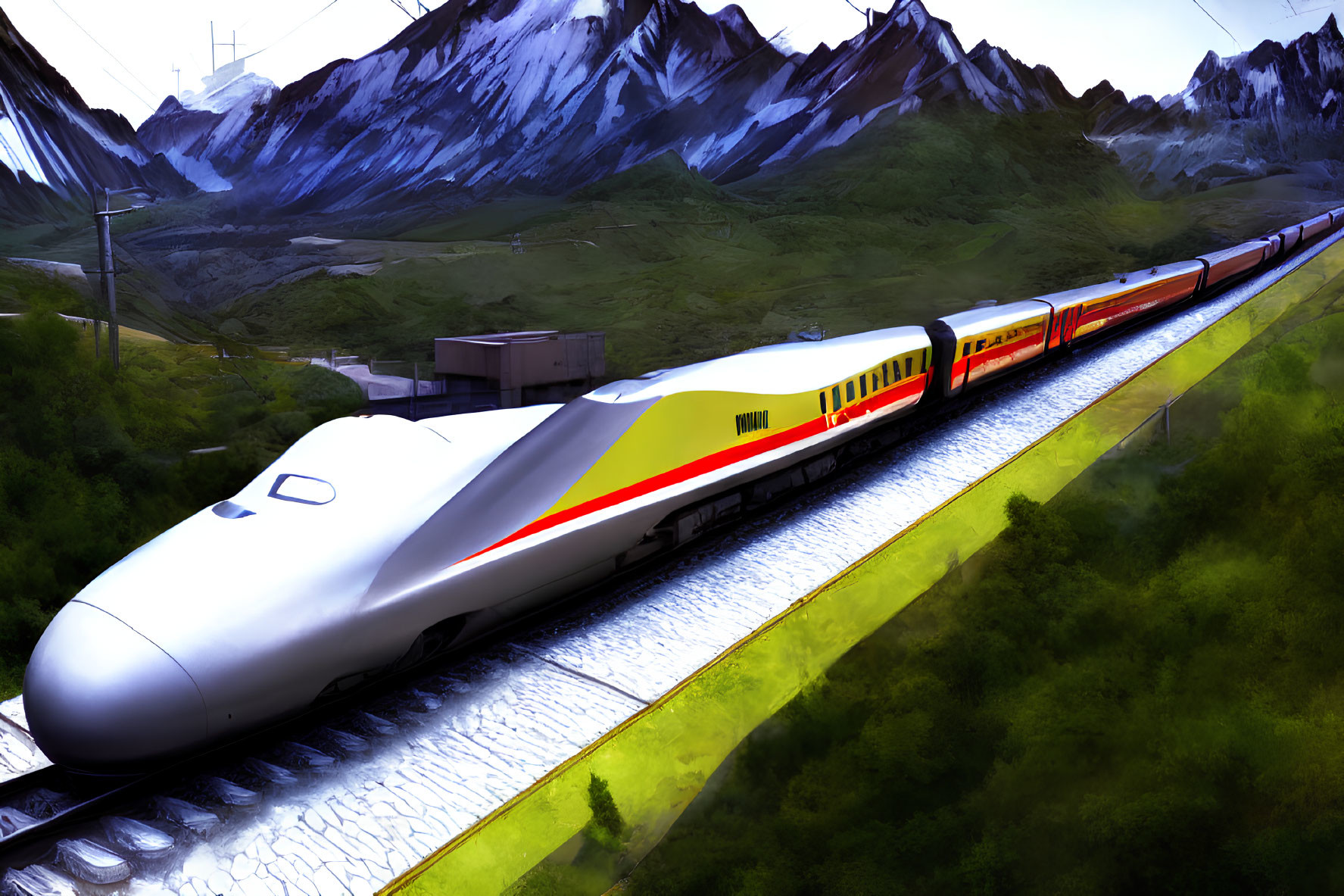 White and Red Bullet Train in Mountainous Landscape