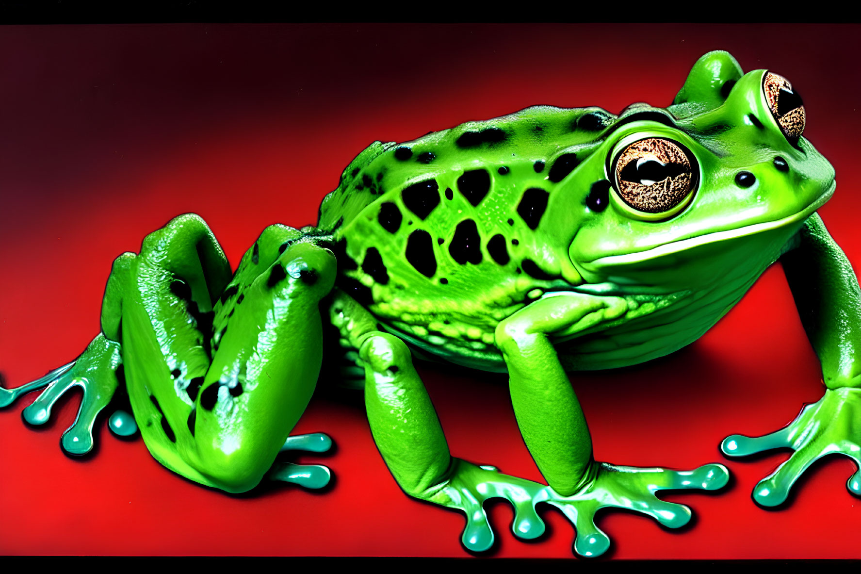 Vivid Green Frog with Black Patterns and Golden Eyes on Red Surface