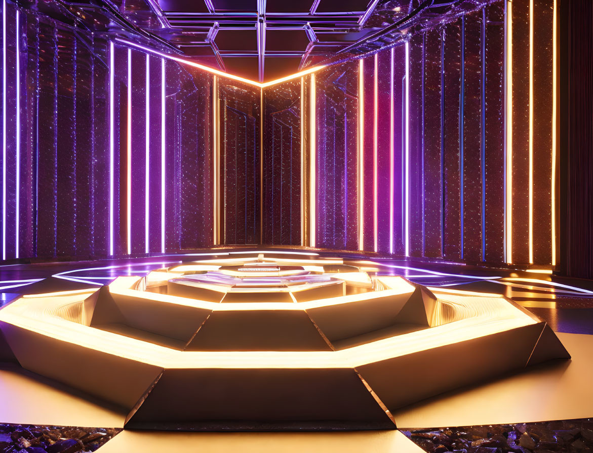 Geometric Steps and Neon Lights in Futuristic Interior Room