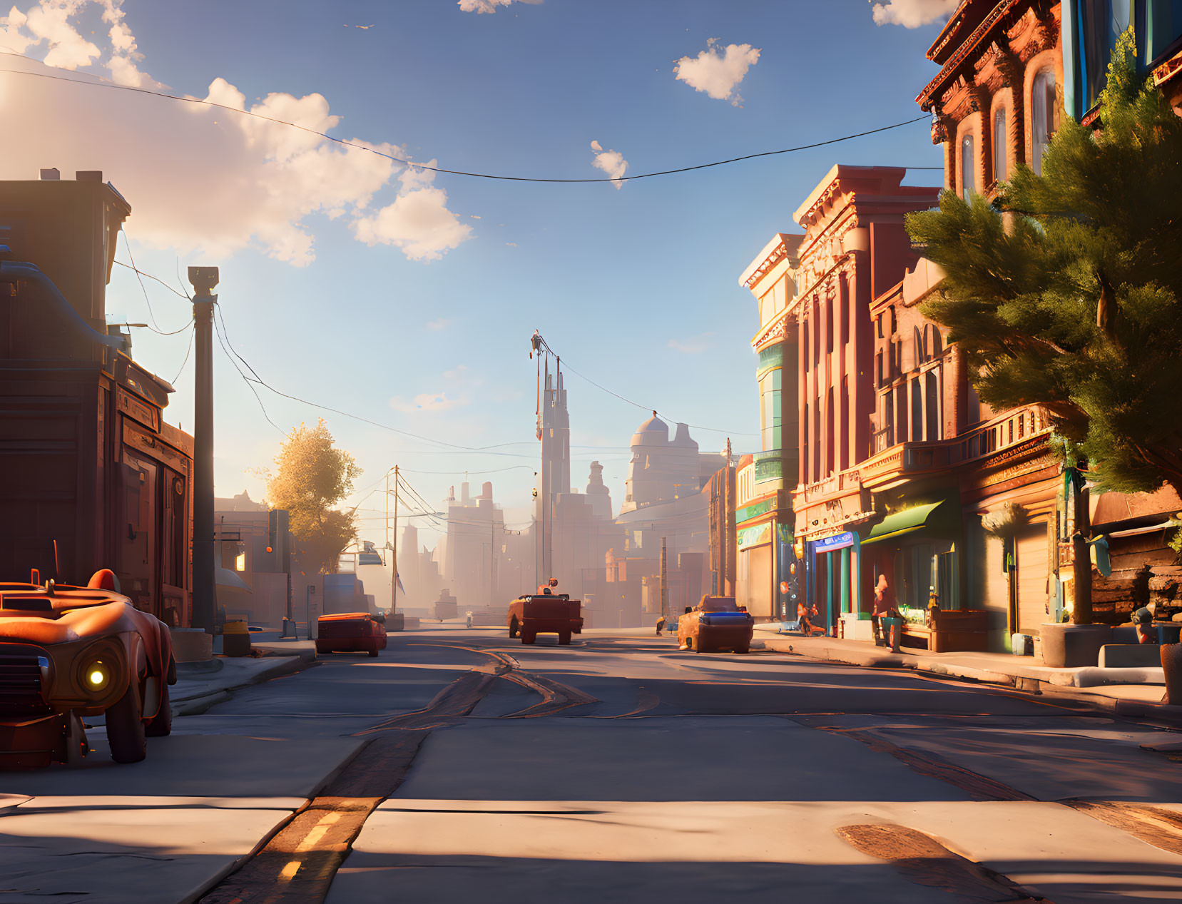 Vintage cars parked on sunlit street with old-fashioned buildings