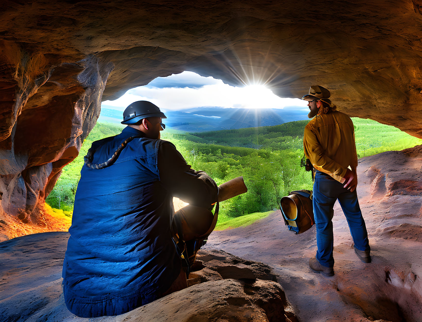 Explorers in cave opening view forested landscape at sunset