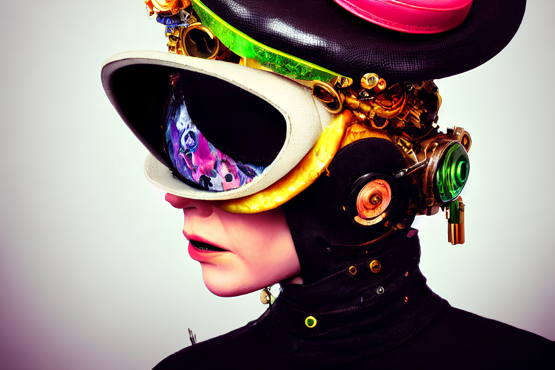 Elaborate Steampunk Helmet with Goggles and Gears on Person