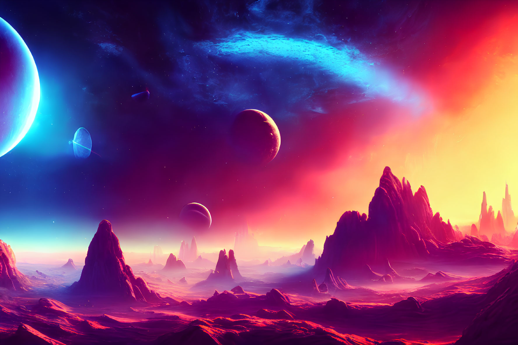 Fiery orange skies and rocky terrain in sci-fi landscape