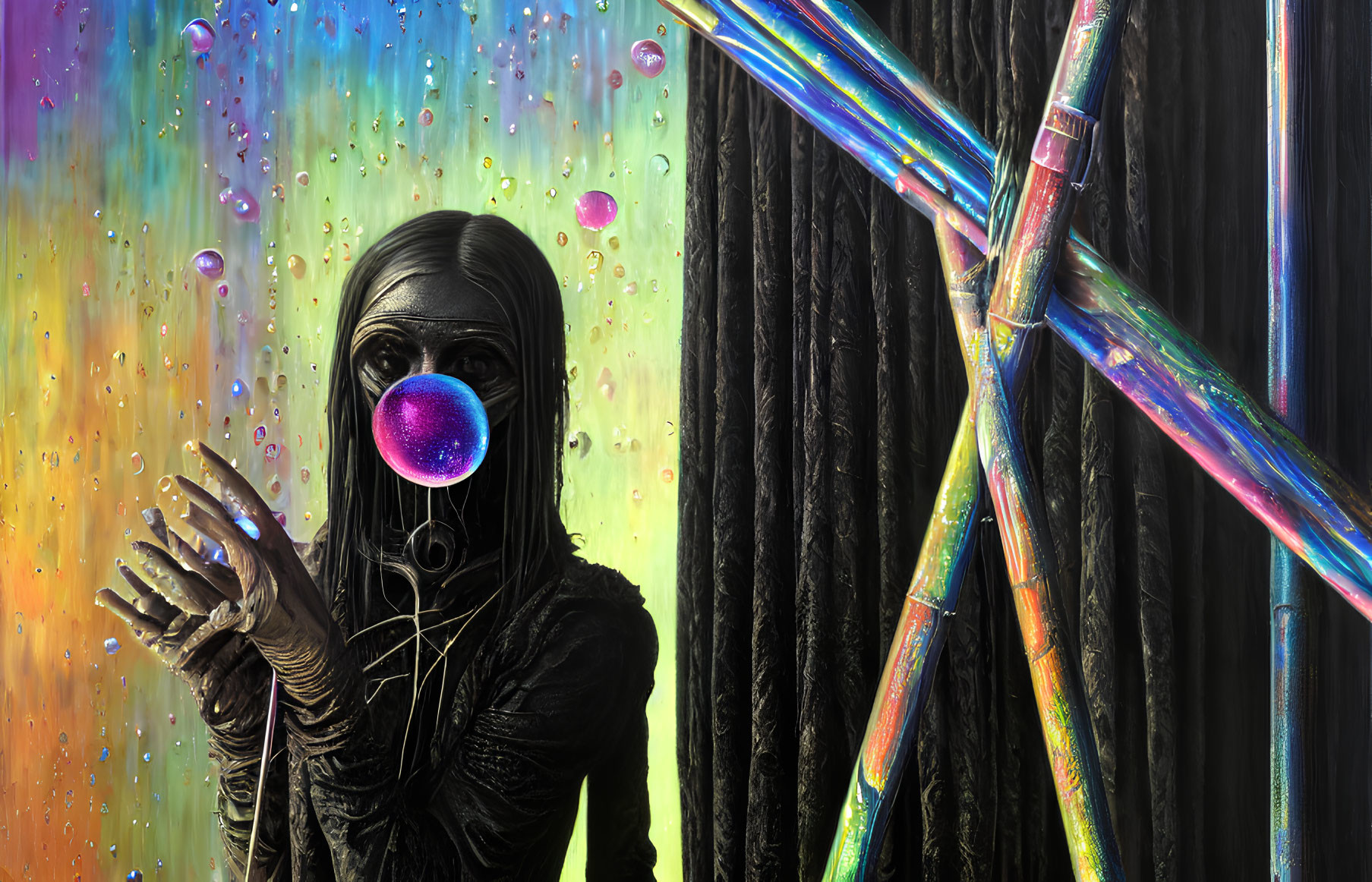 Dark Outfit, Long Hair, Pink Bubblegum Bubble, Colorful Tubes and Droplets