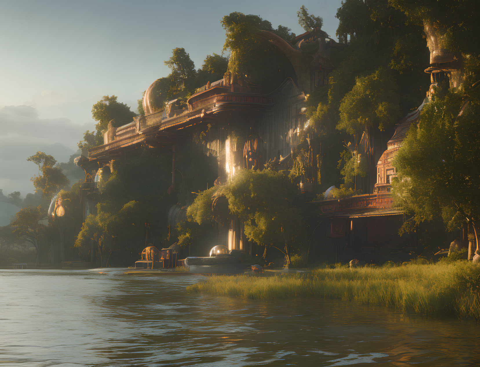 Riverside scene with tree-adorned cliffside architecture in warm sunlight