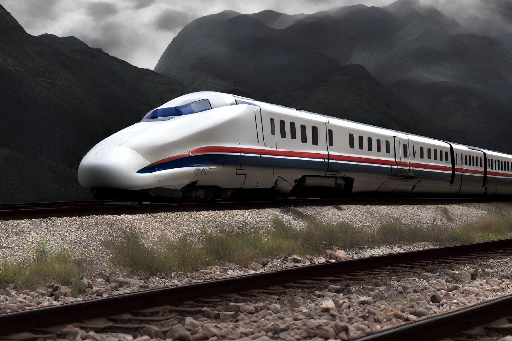 Sleek white and blue high-speed train in mountainous landscape