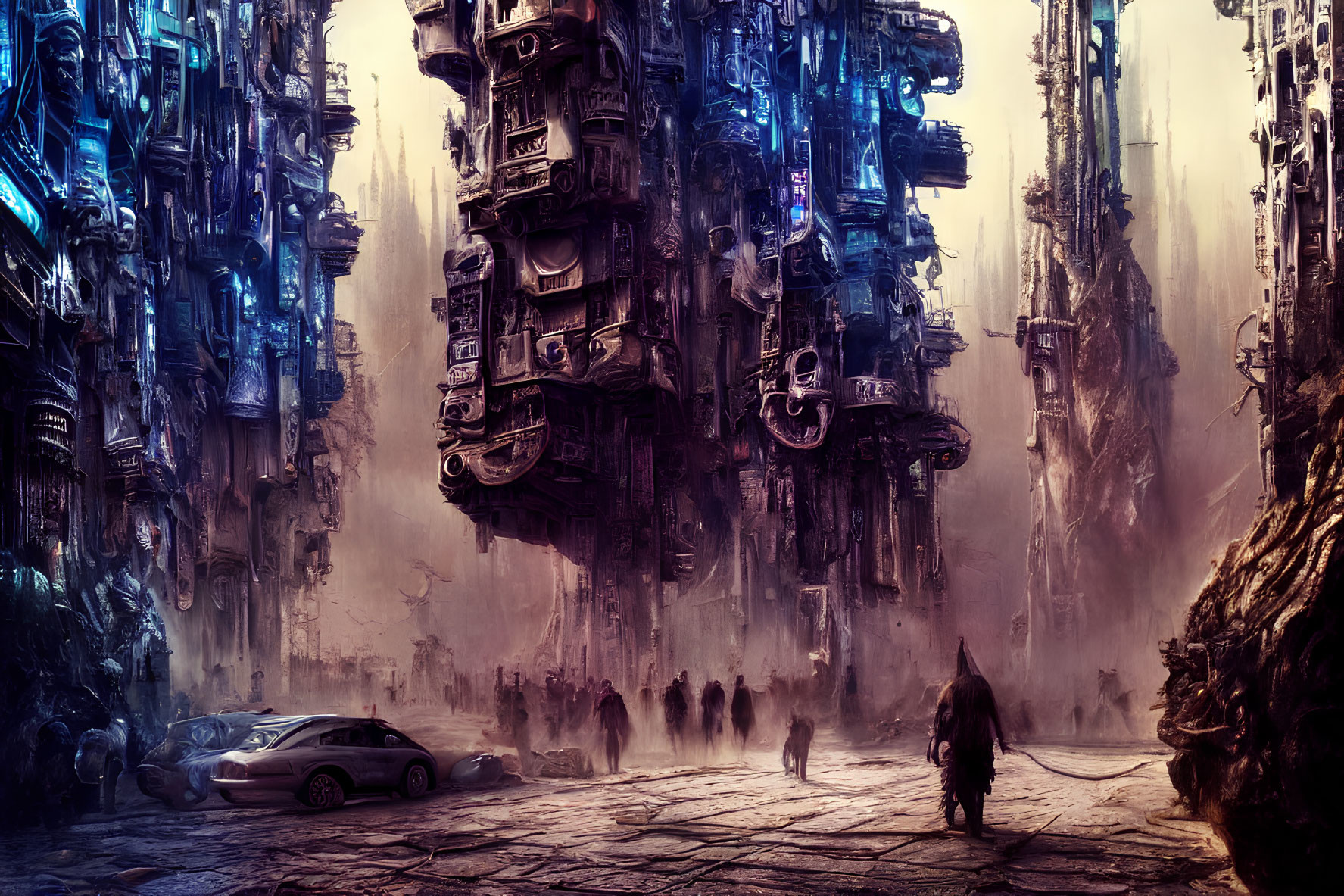 Dystopian cityscape with towering structures and silhouetted figures