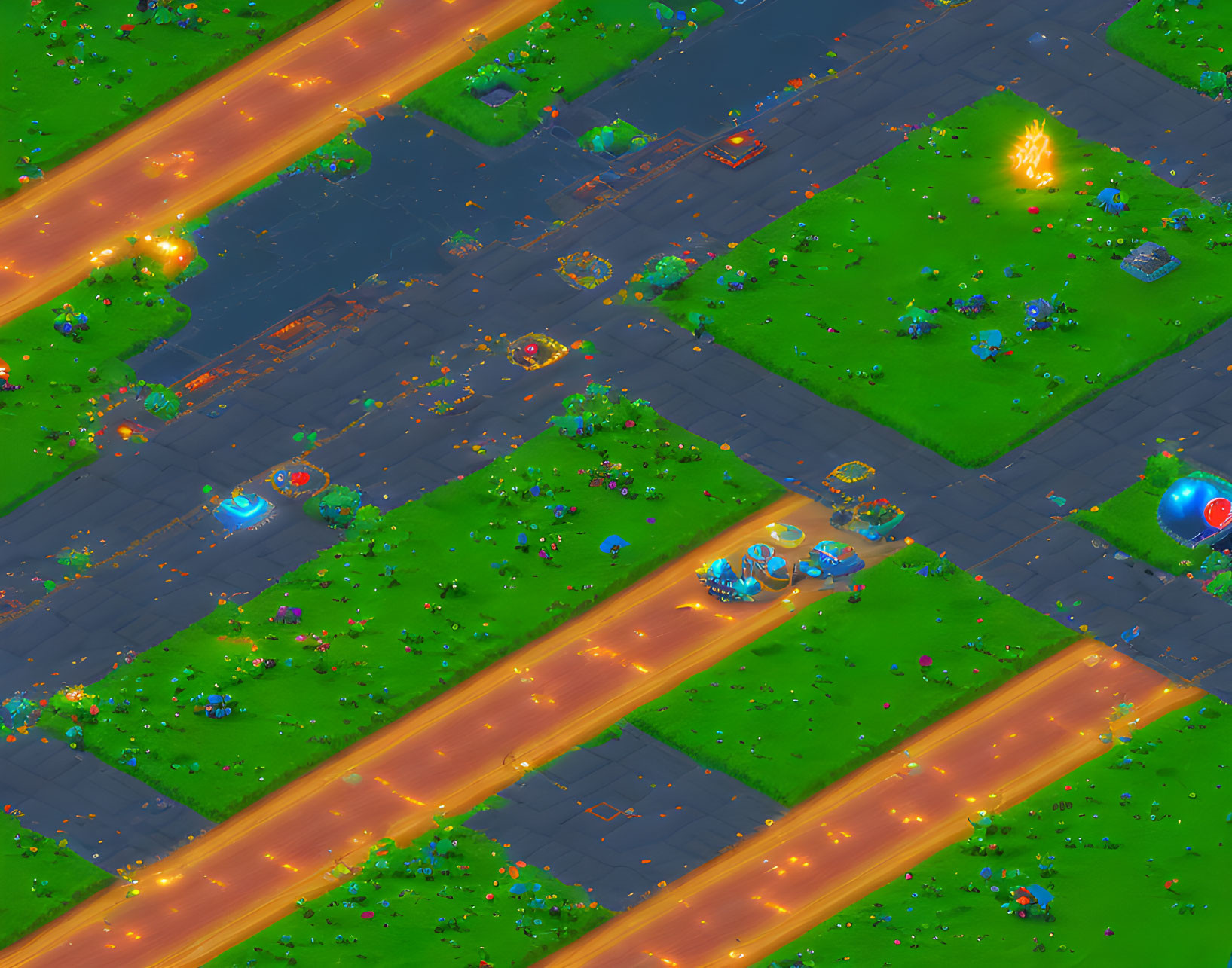 Colorful Isometric Virtual Cityscape with Roads, Vehicles, Explosions